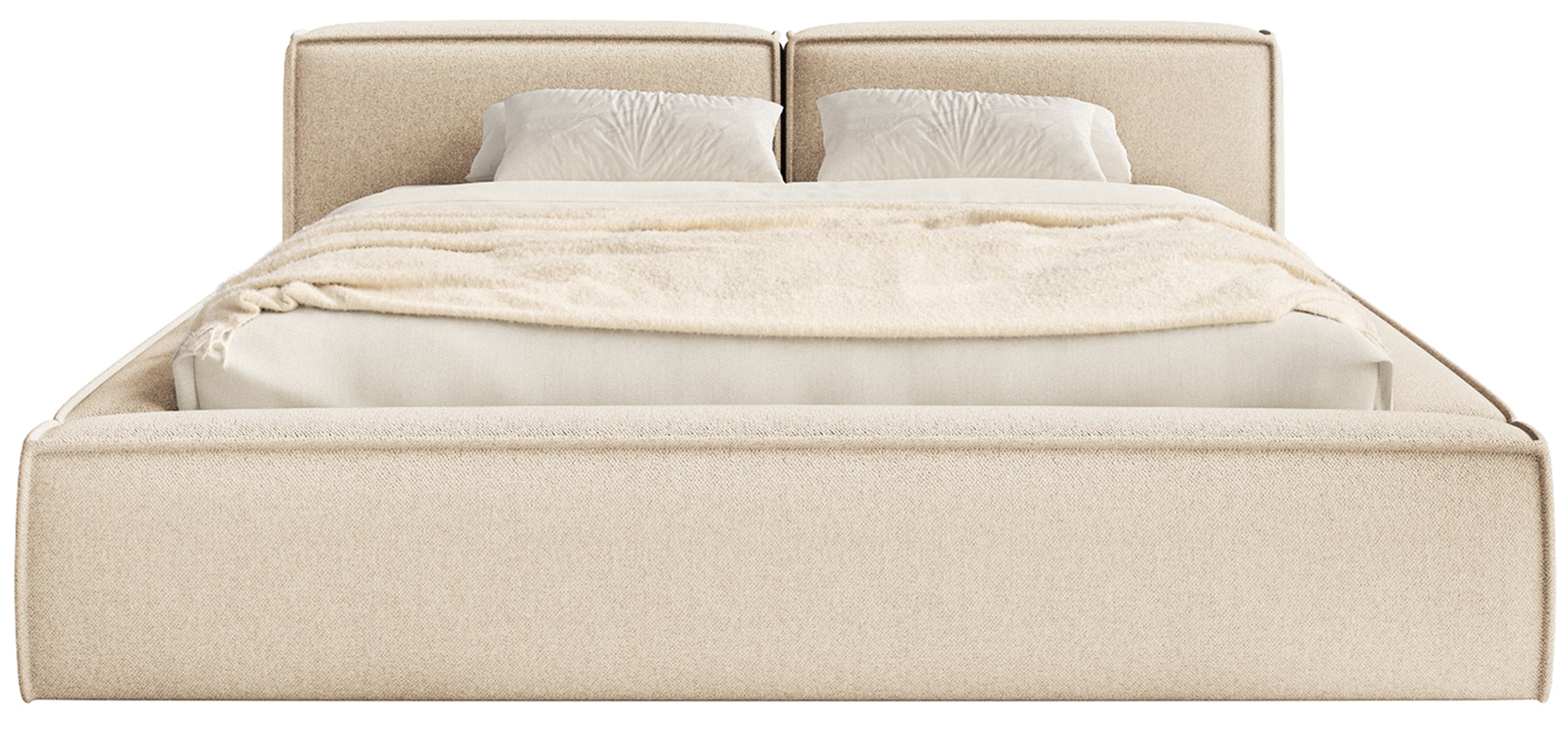 Gepolstertes Bett 200x200 cm Tilves Slim Low mit Stauraum, Metallrahmen, hellbeiger Chenille