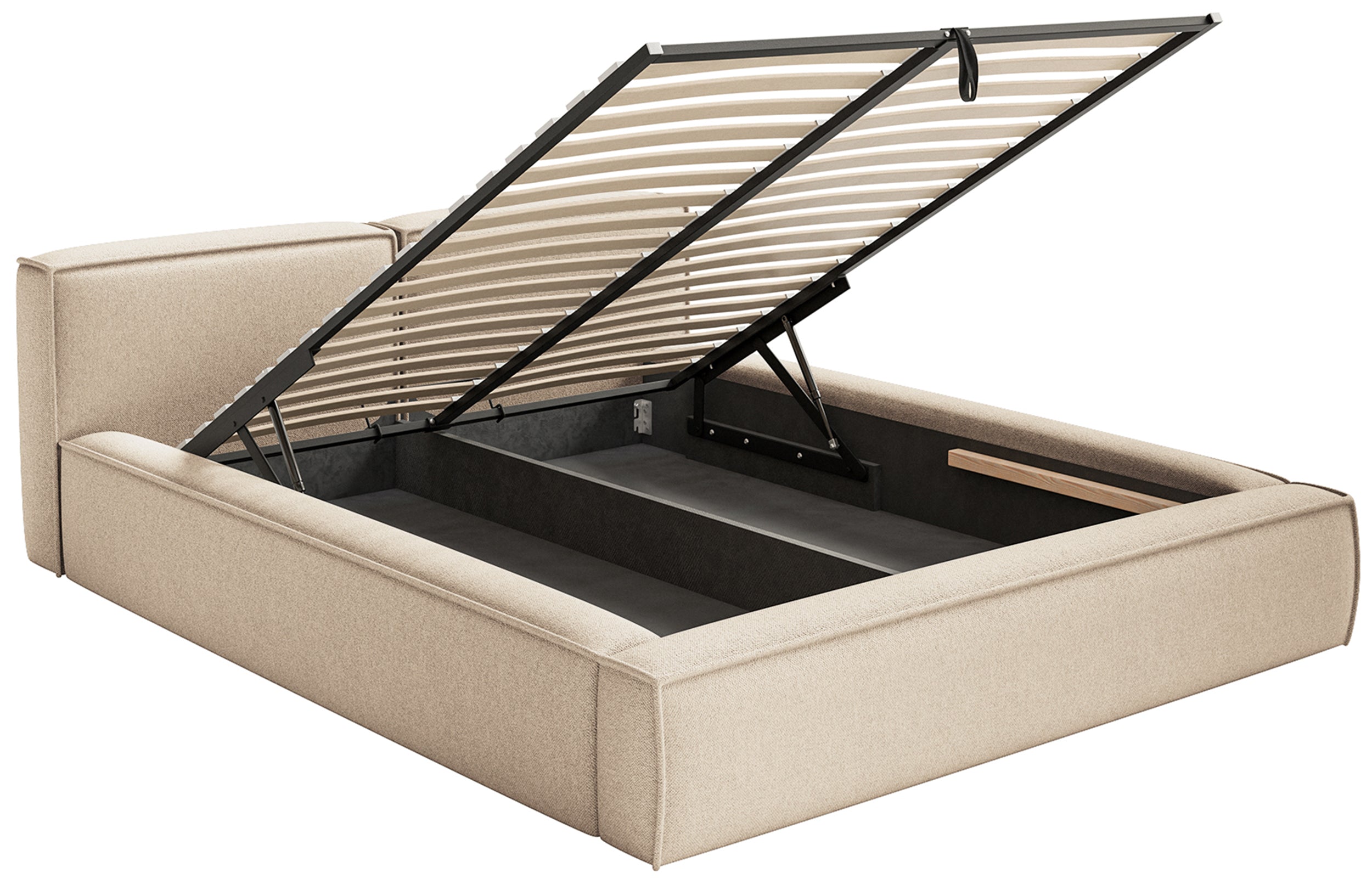 Gepolstertes Bett 200x200 cm Tilves Slim Low mit Stauraum, Metallrahmen, hellbeiger Chenille