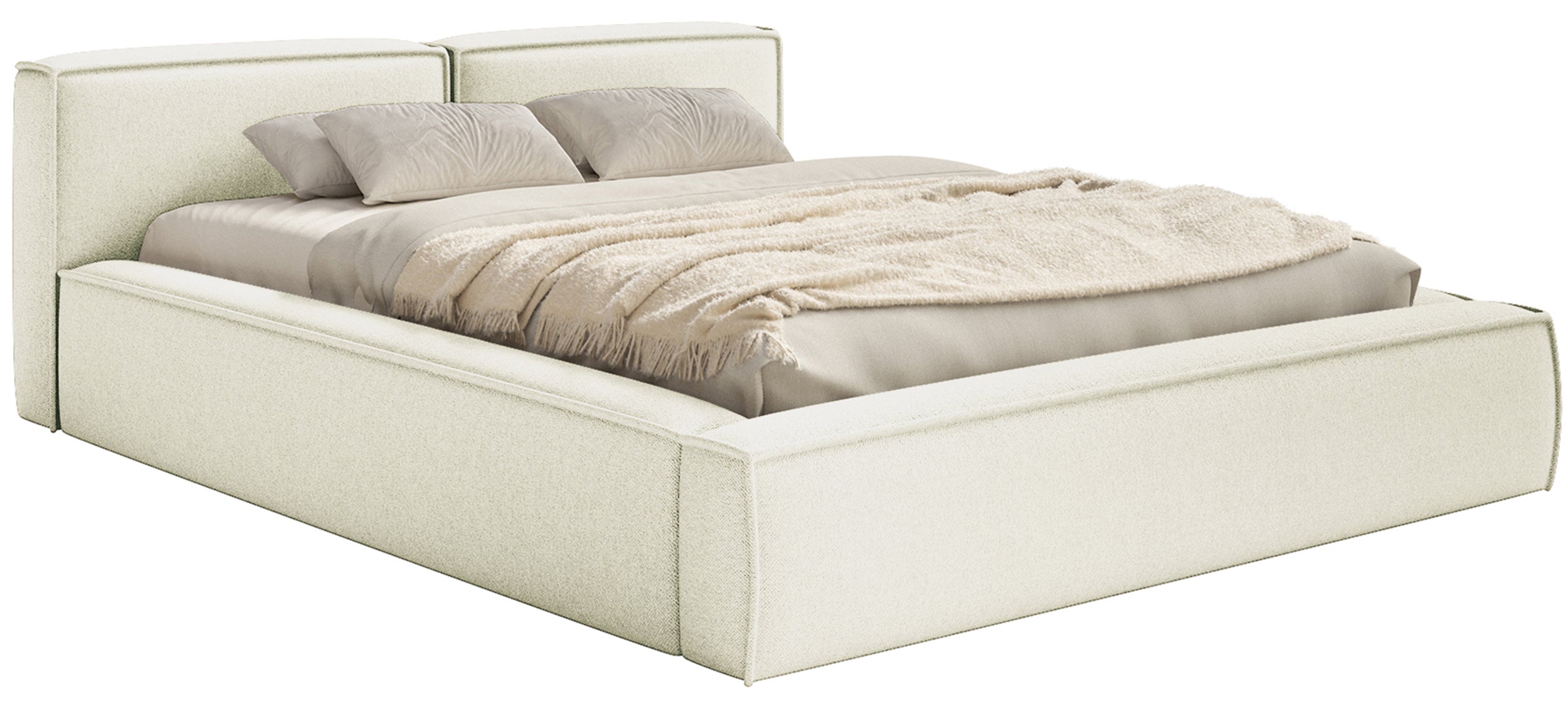 Polsterbett 200x200 cm Tilves Slim Low mit Stauraum, Metallrahmen, cremefarbener Chenille
