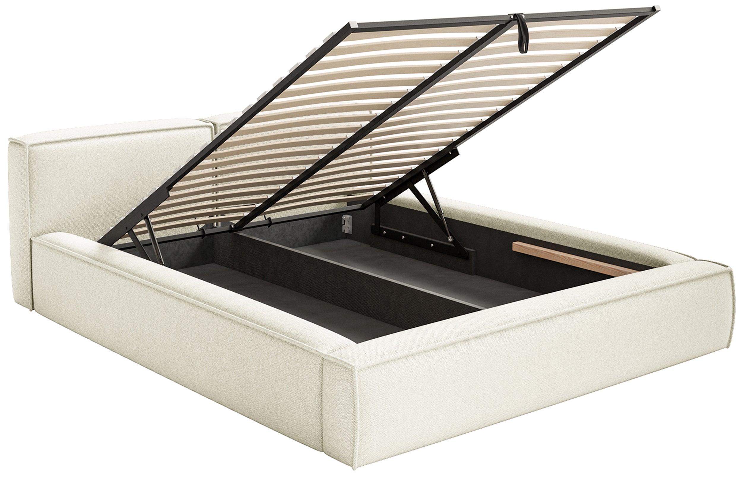 Polsterbett 140x200 cm Tilves Slim Low mit Stauraum, Metallrahmen, cremefarbener Chenillestoff