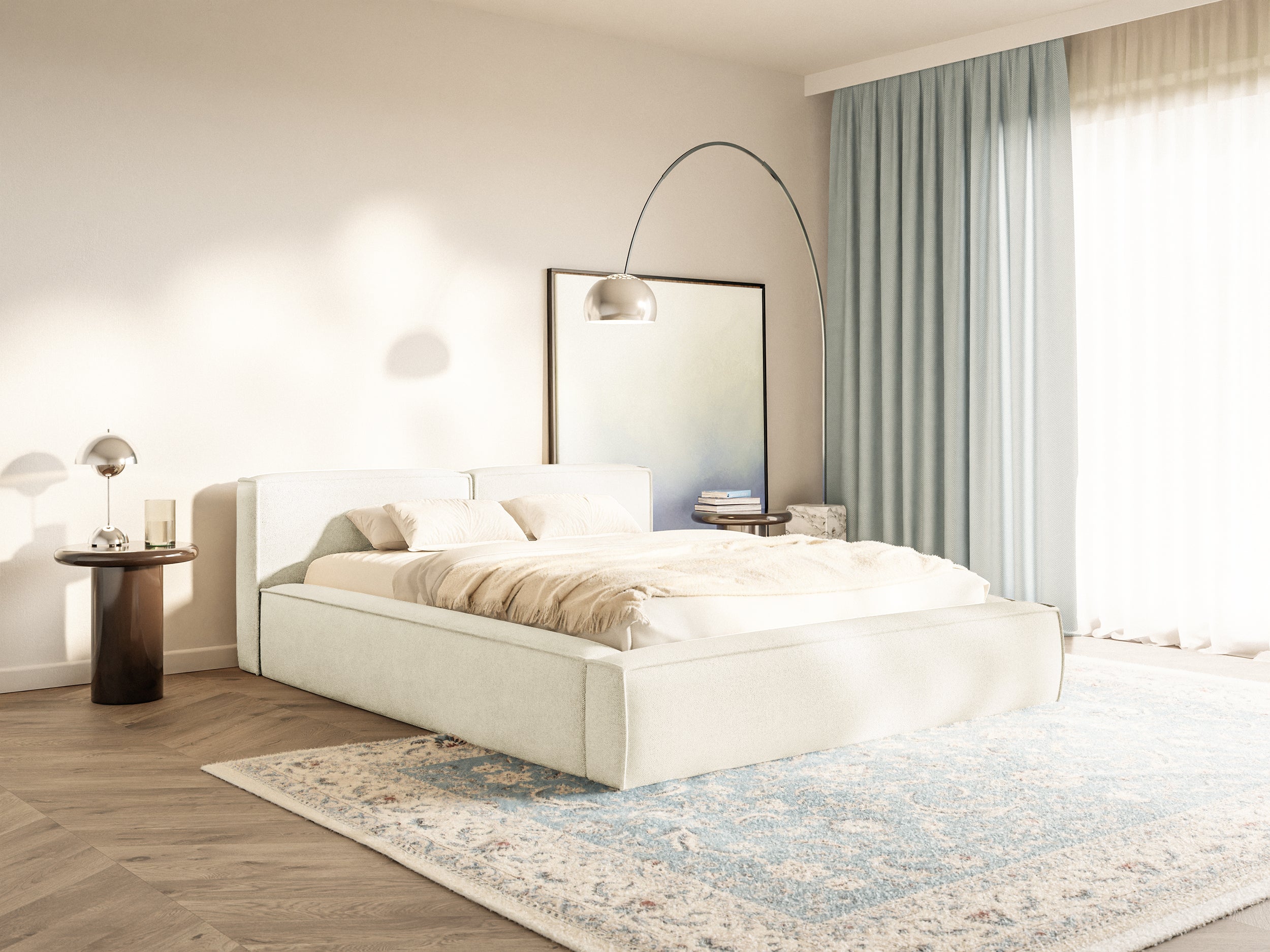 Polsterbett 200x200 cm Tilves Slim Low mit Stauraum, Metallrahmen, cremefarbener Chenille