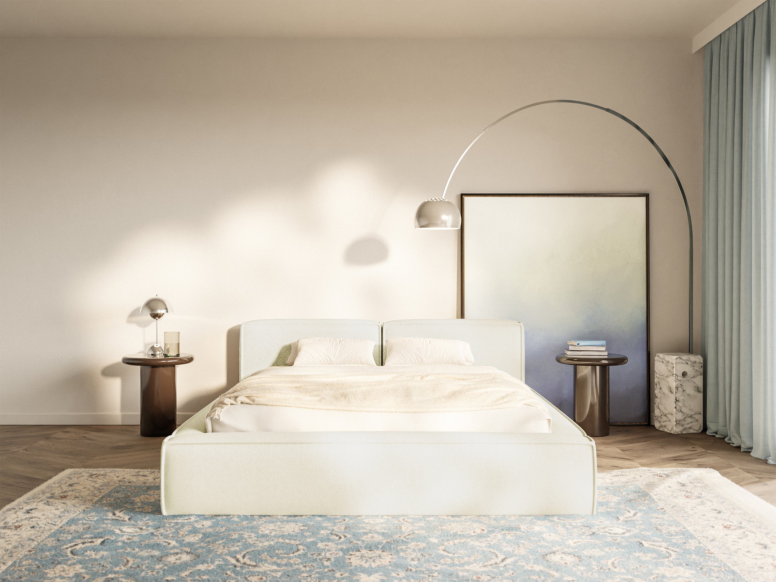 Polsterbett 140x200 cm Tilves Slim Low mit Stauraum, Metallrahmen, cremefarbener Chenillestoff