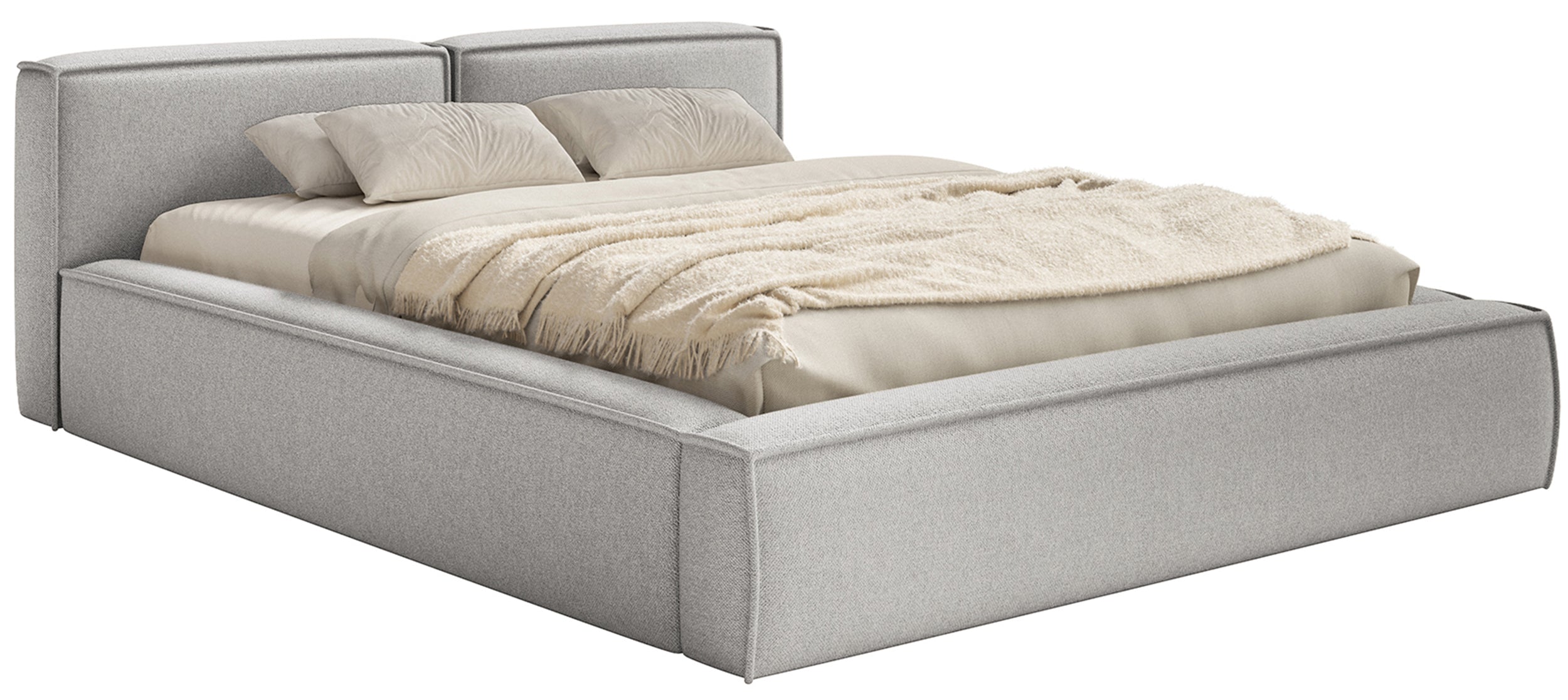 Polsterbett 140x200 cm Tilves Slim Low mit Stauraum, Metallrahmen, hellgrauer Chenille-Stoff
