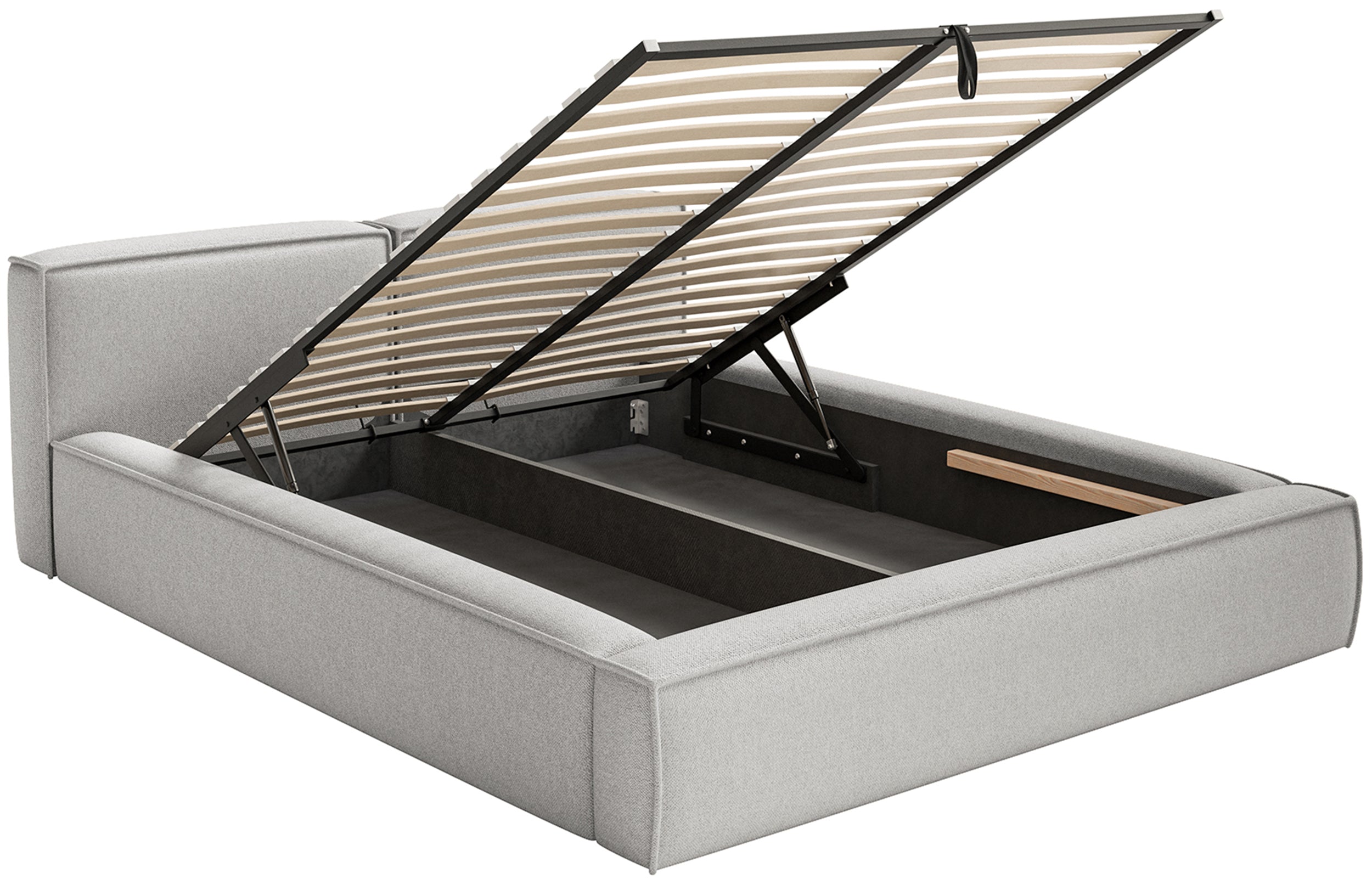 Polsterbett 140x200 cm Tilves Slim Low mit Stauraum, Metallrahmen, hellgrauer Chenille-Stoff