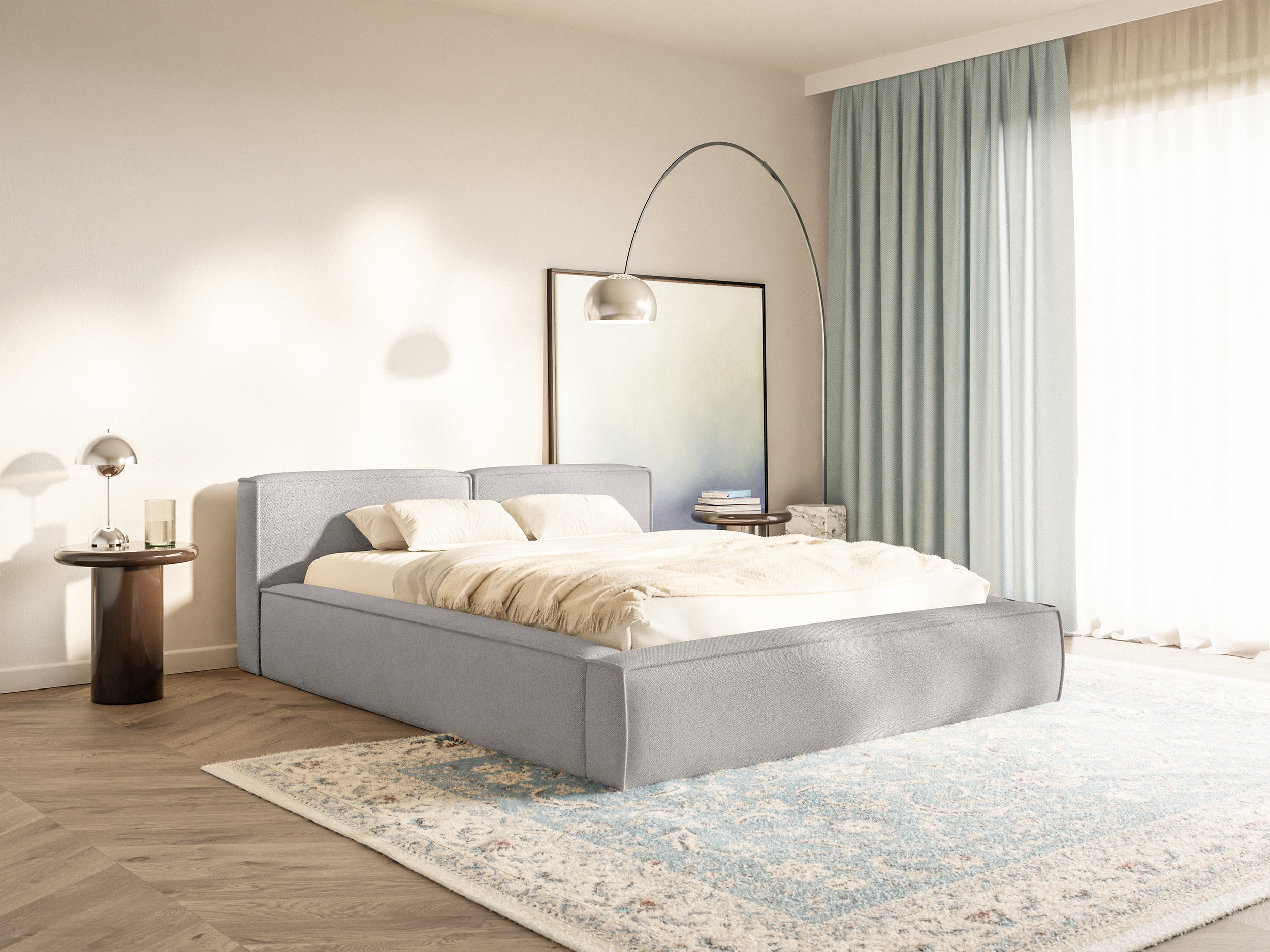 Polsterbett 140x200 cm Tilves Slim Low mit Stauraum, Metallrahmen, hellgrauer Chenille-Stoff