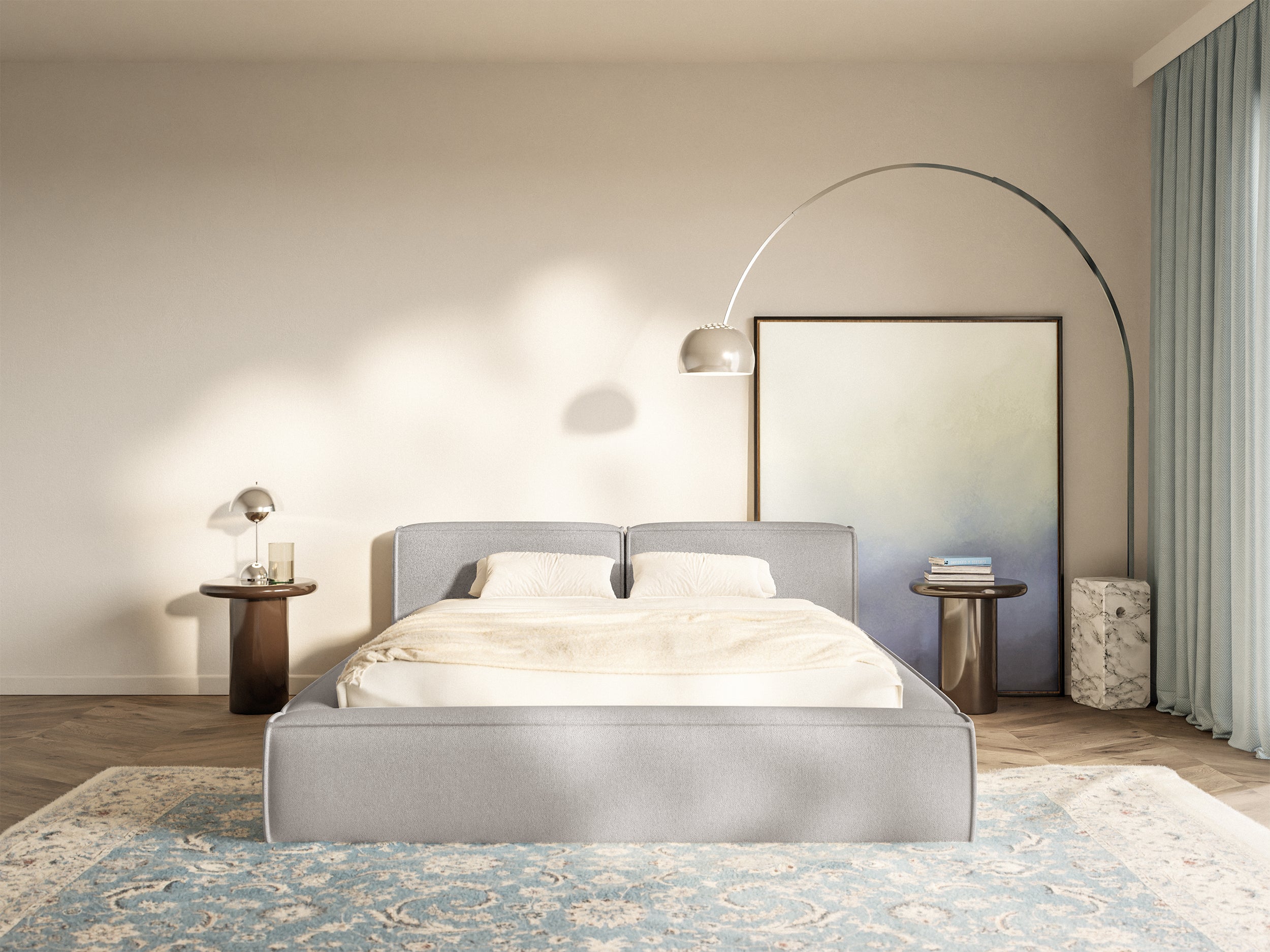 Polsterbett 140x200 cm Tilves Slim Low mit Stauraum, Metallrahmen, hellgrauer Chenille-Stoff