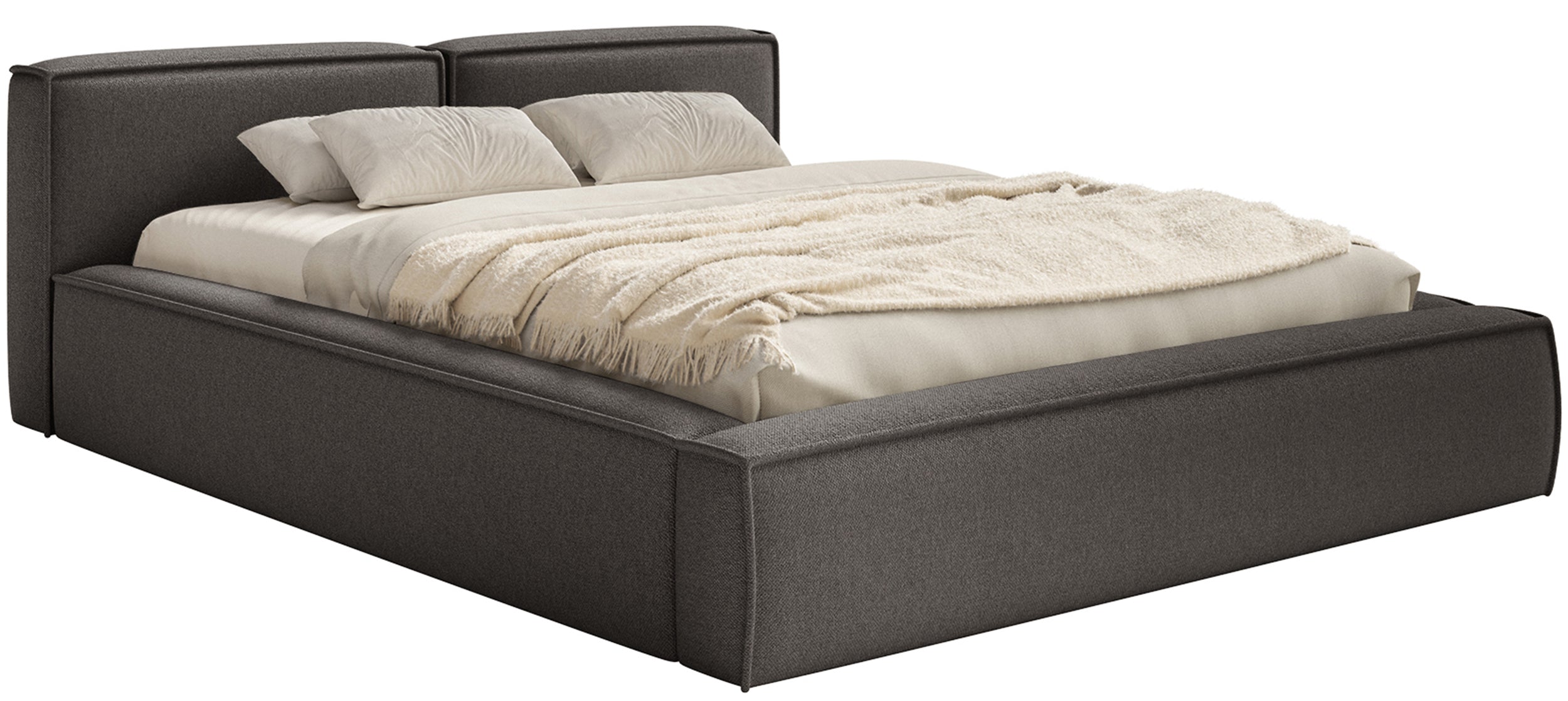Polsterbett 200x200 cm Tilves Slim Low mit Stauraum, Metallrahmen, graphitfarbener Chenille-Bezug