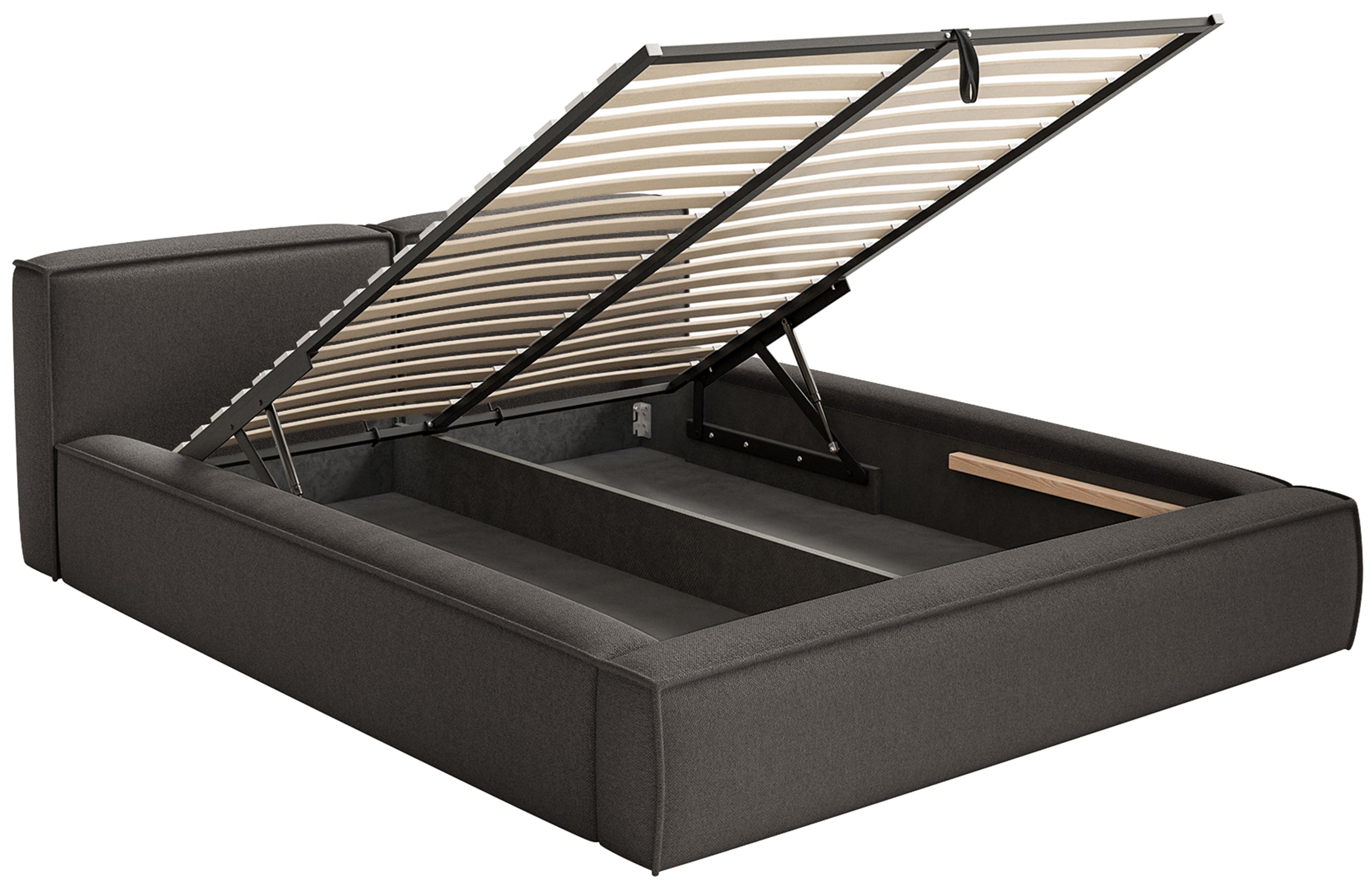 Polsterbett 200x200 cm Tilves Slim Low mit Stauraum, Metallrahmen, graphitfarbener Chenille-Bezug