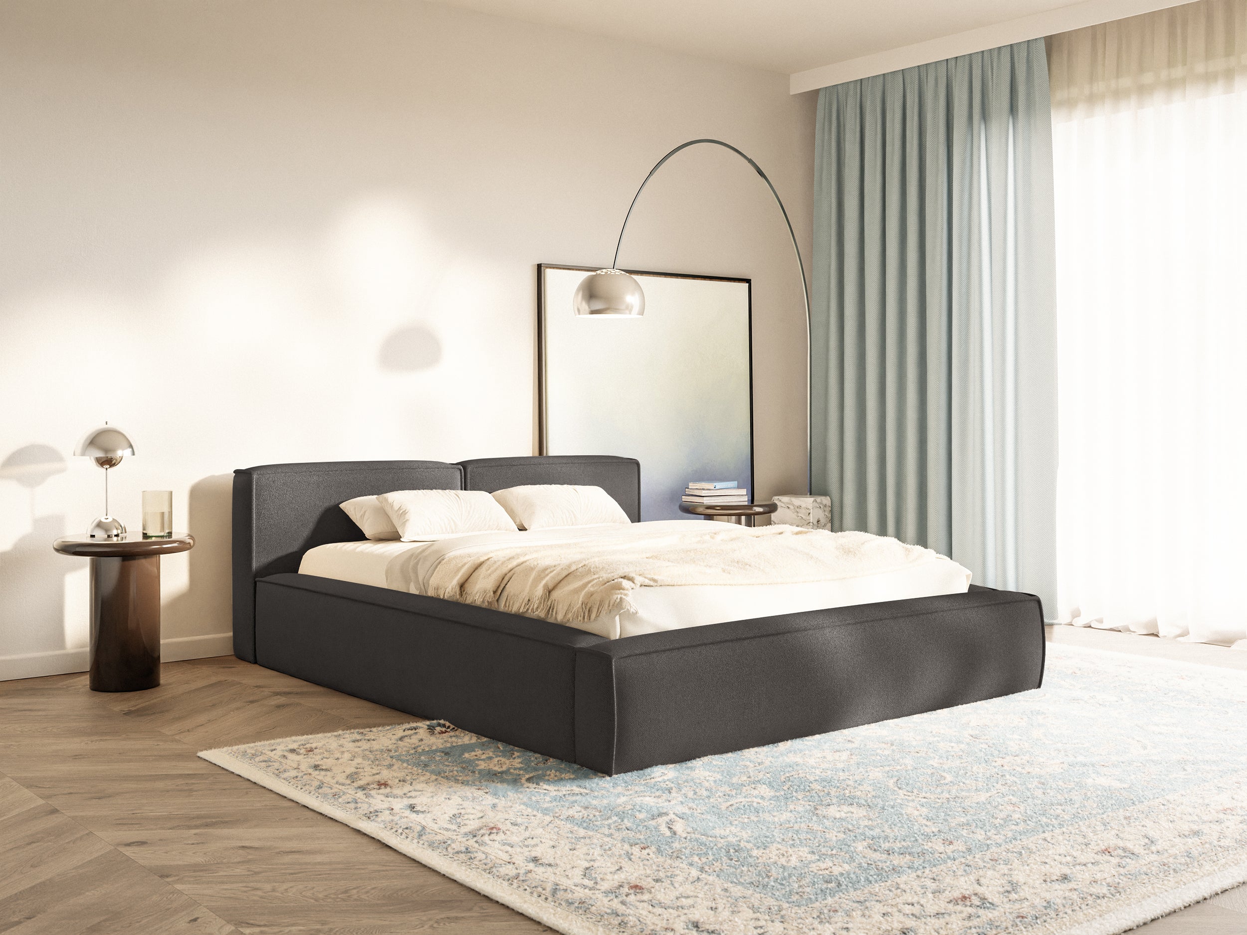 Polsterbett 200x200 cm Tilves Slim Low mit Stauraum, Metallrahmen, graphitfarbener Chenille-Bezug