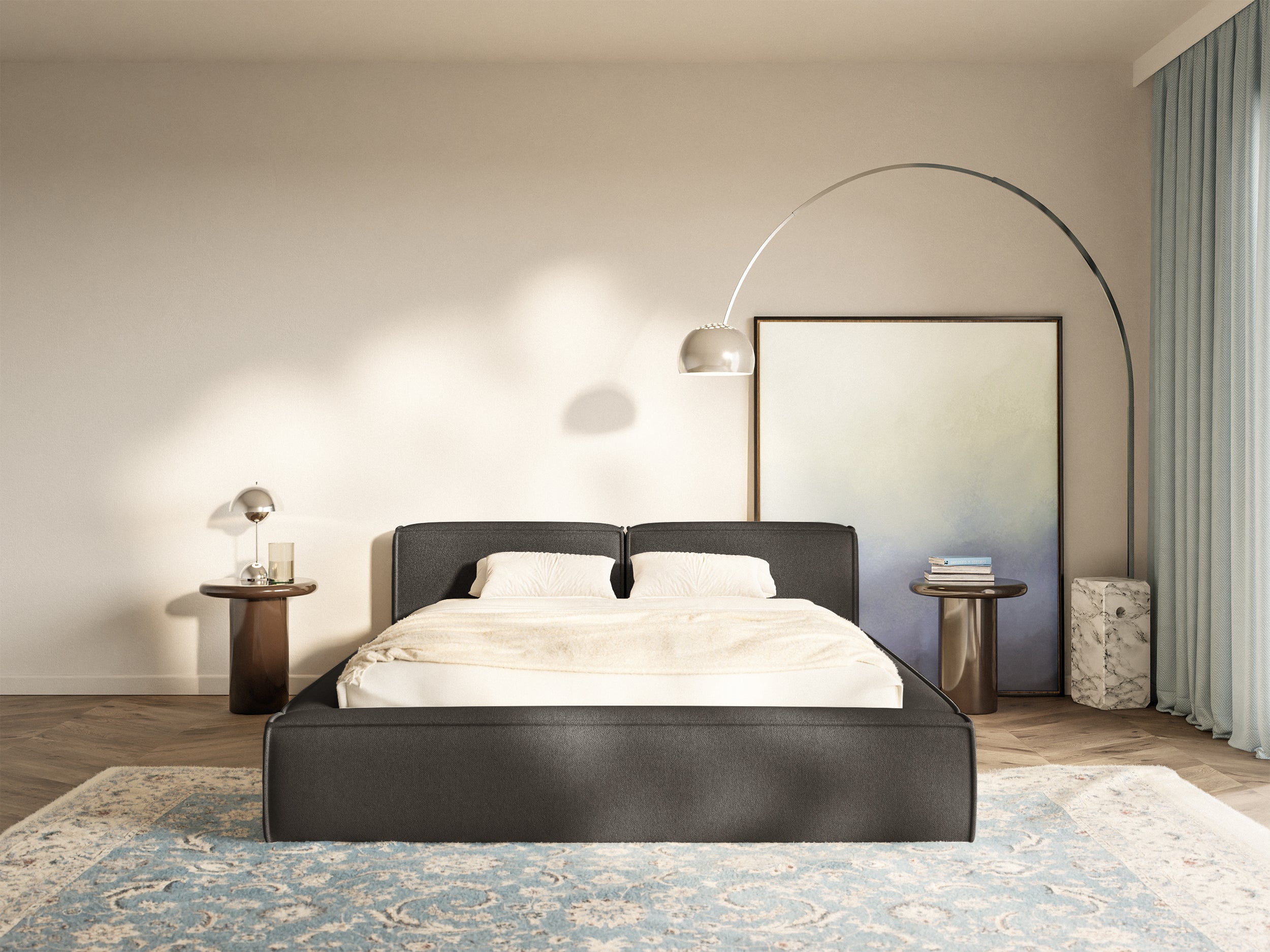 Polsterbett 200x200 cm Tilves Slim Low mit Stauraum, Metallrahmen, graphitfarbener Chenille-Bezug