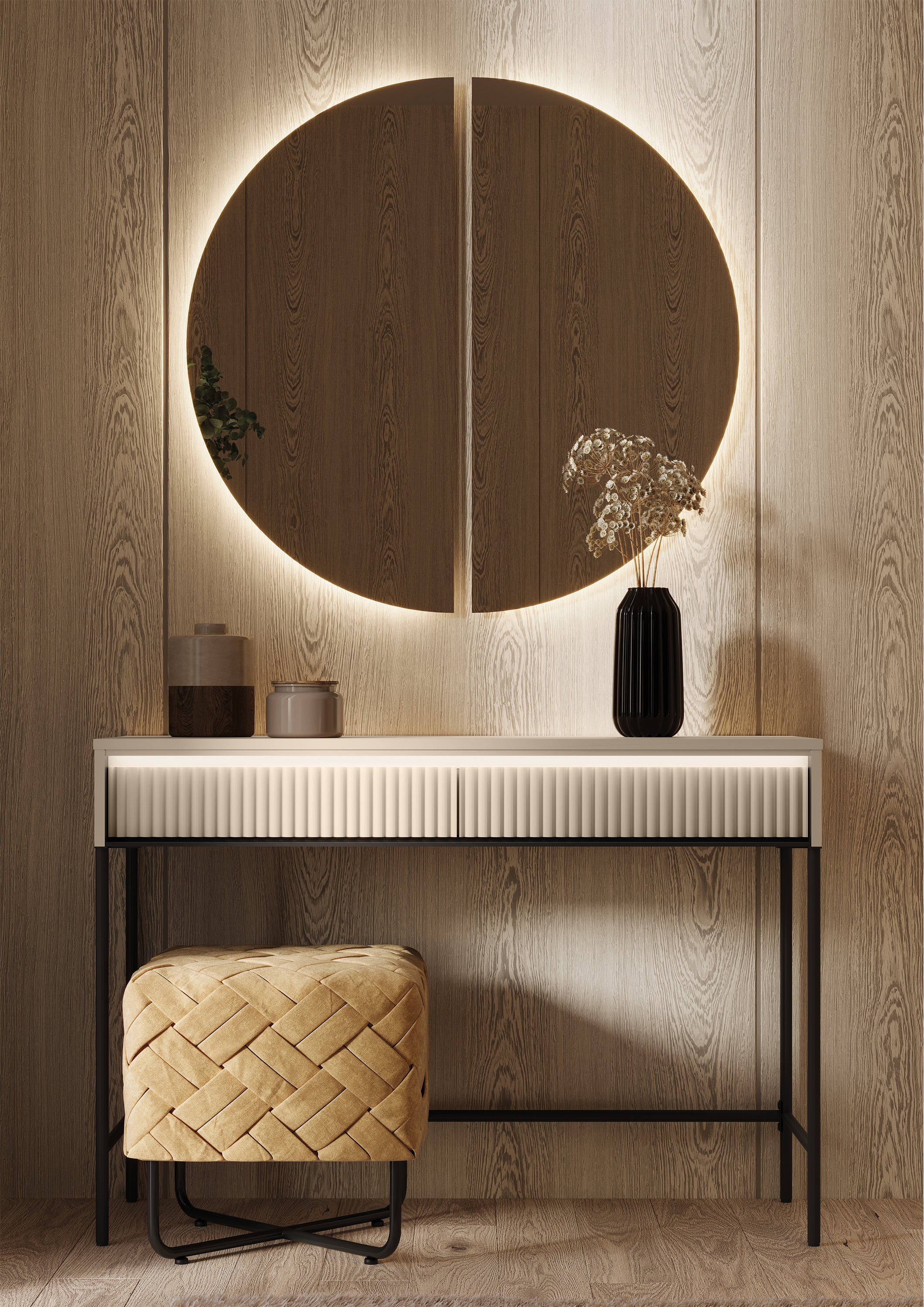 Trend Schminktisch mit Schubladen und Beleuchtung 112 cm, geriffelte Fronten, sandbeige / schwarz