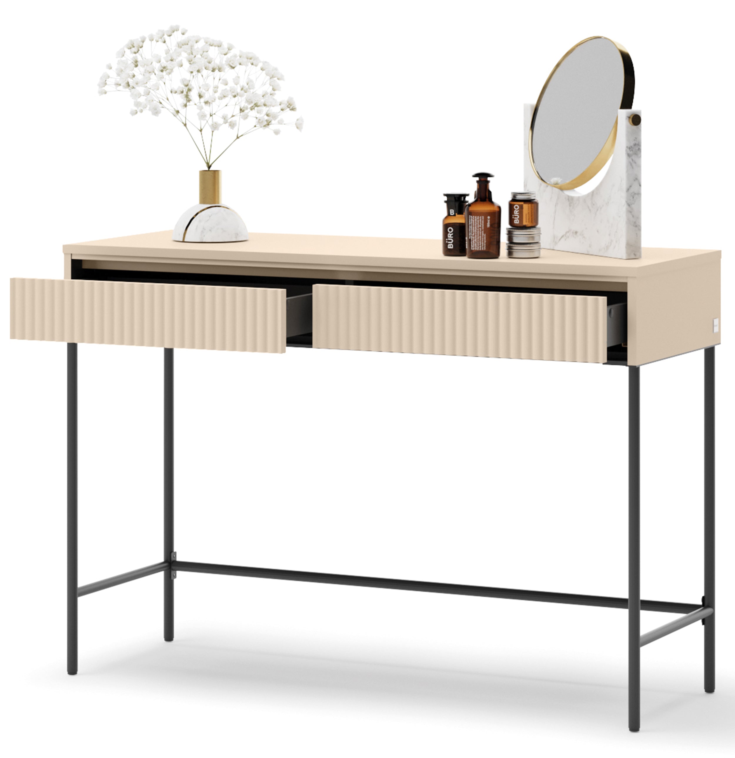 Trend Schminktisch mit Schubladen und Beleuchtung 112 cm, geriffelte Fronten, sandbeige / schwarz