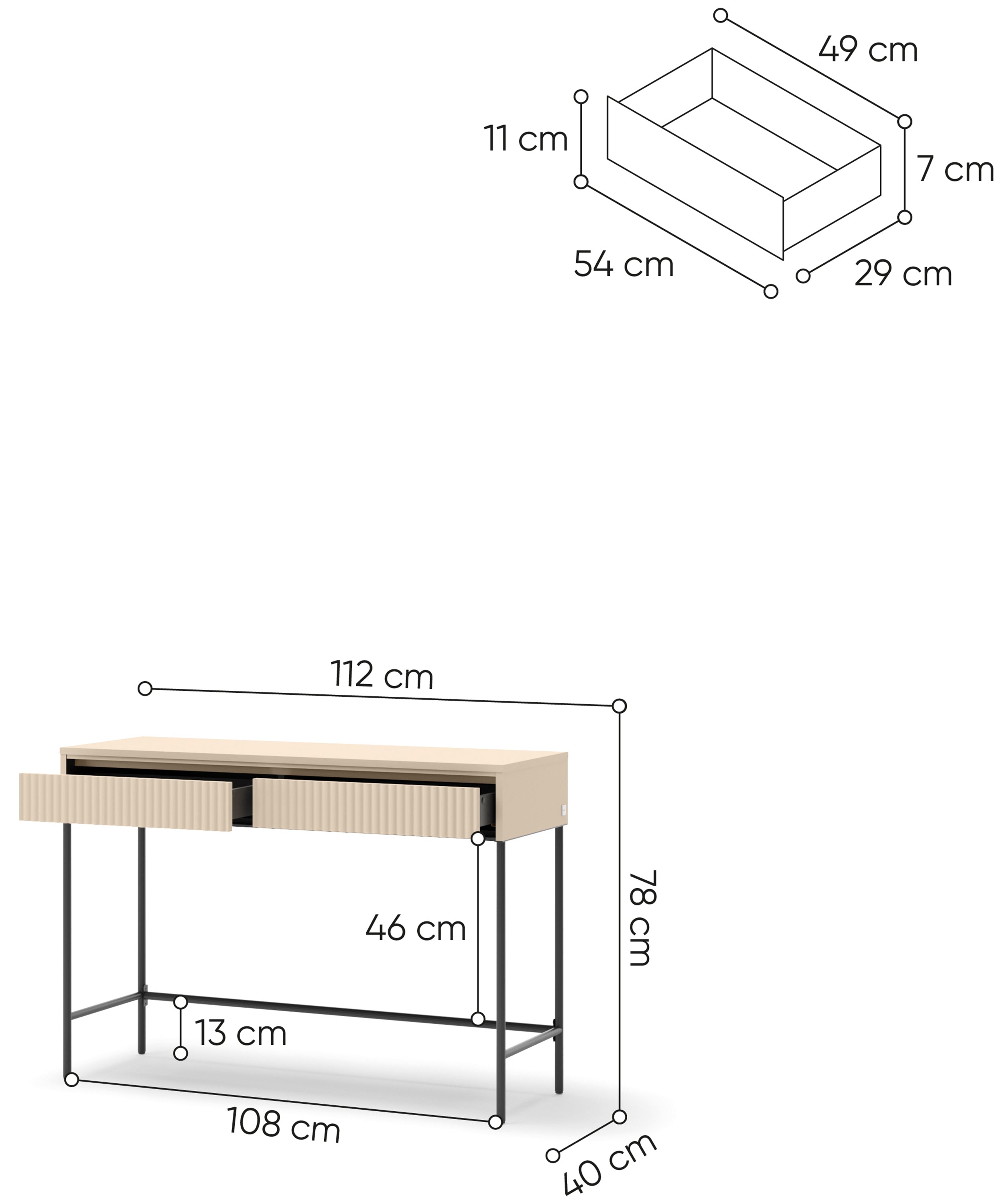 Trend Schminktisch mit Schubladen und Beleuchtung 112 cm, geriffelte Fronten, sandbeige / schwarz