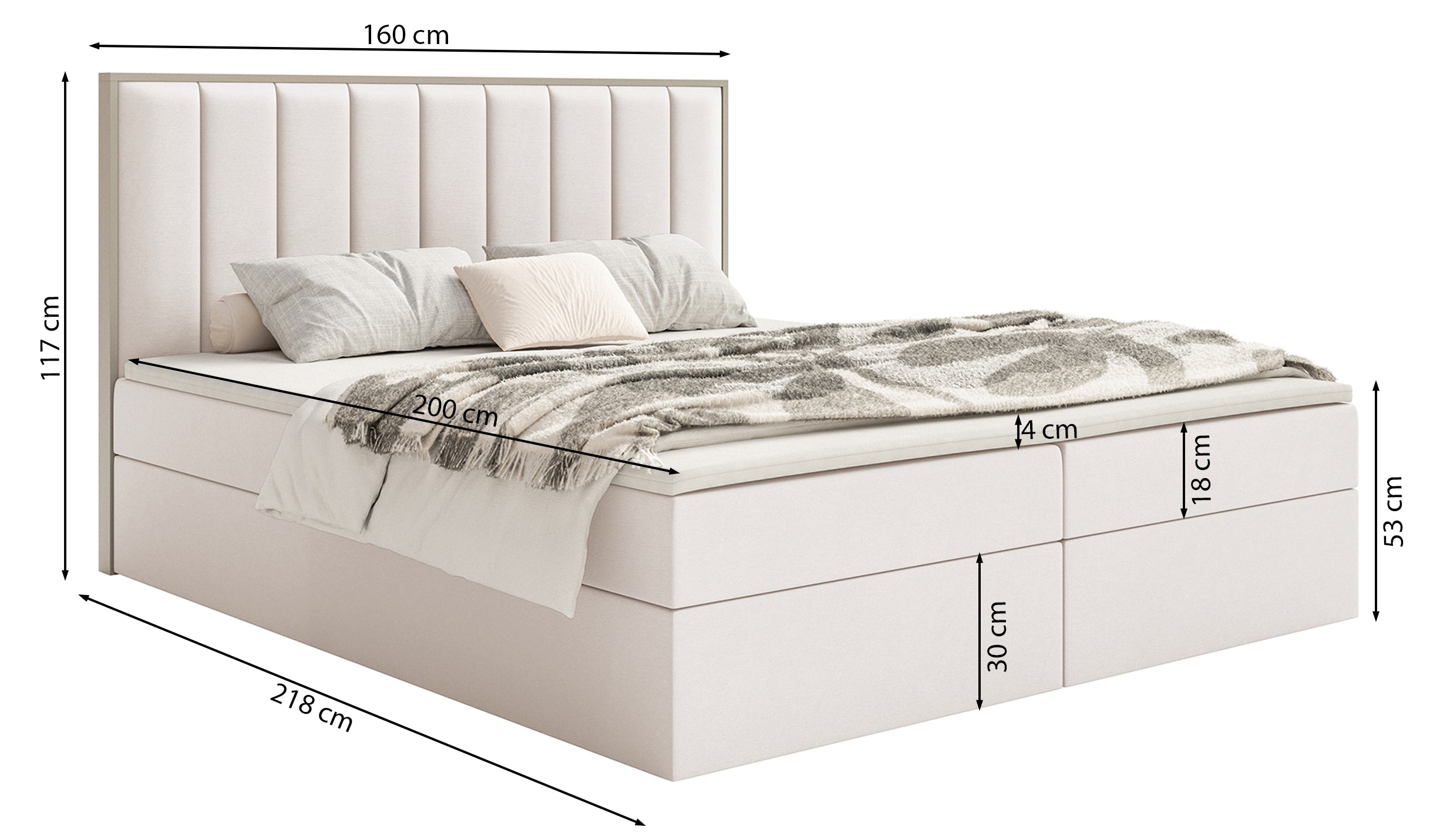 Kontinentales Bett 160x200 cm Togents mit Stauraum und Topper, cremefarbener Velours, wasserabweisend