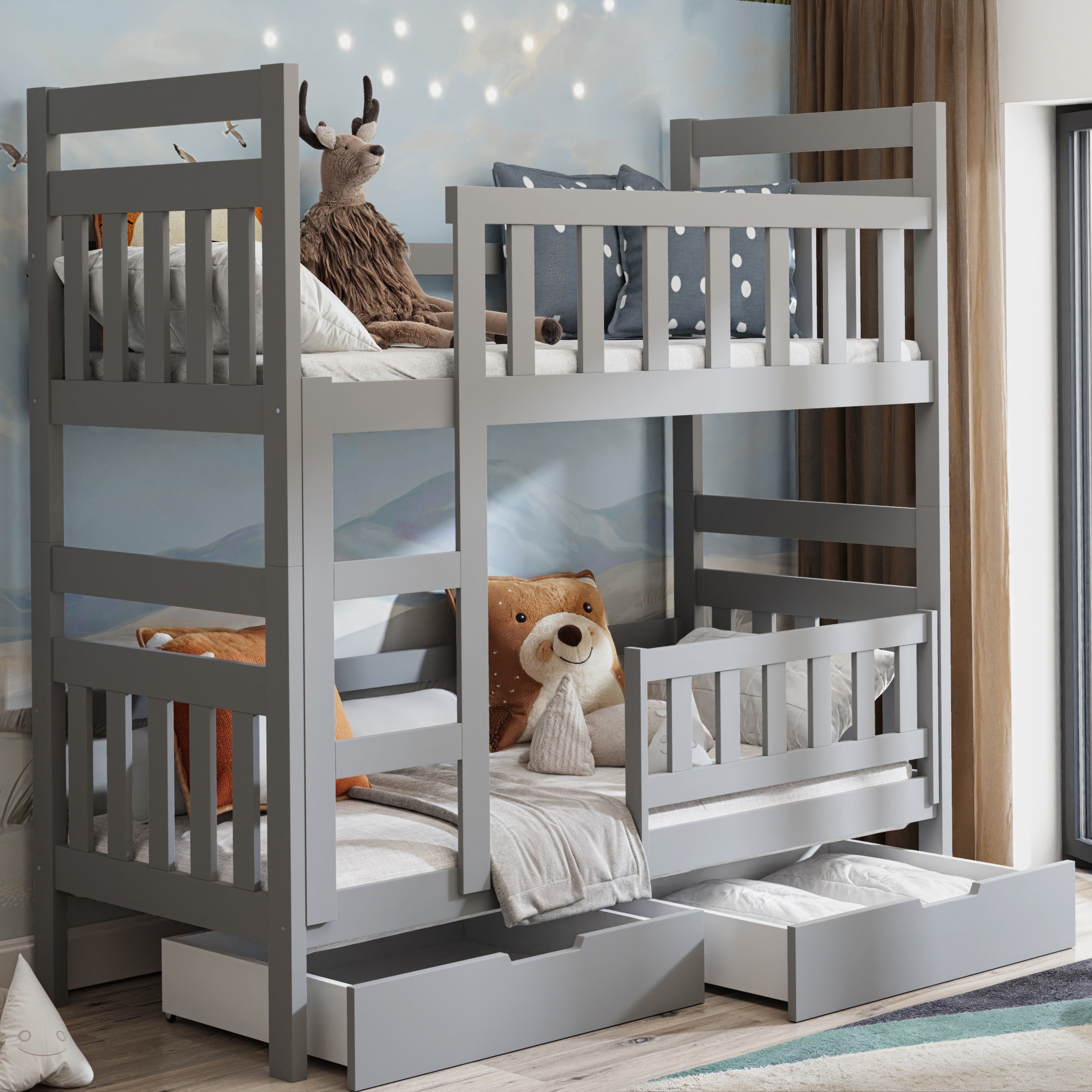 Etagenbett 80x185 cm Dromi mit Schubladen, grau