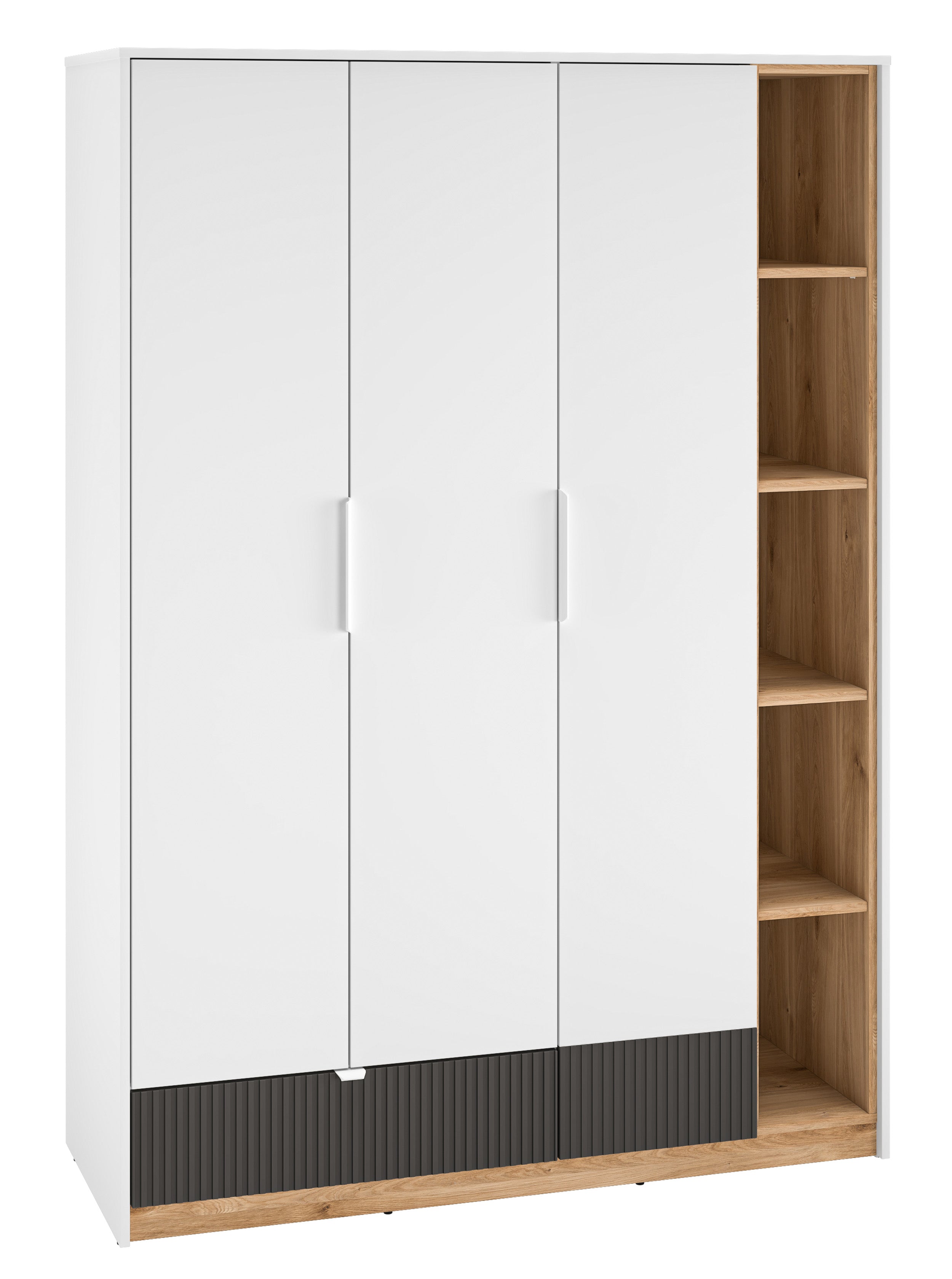 Jugendschrank Torino mit drei Türen, Schublade und gerillten Fächern, 138 cm, Honey Castello Eiche/Alpenweiß/Grafit