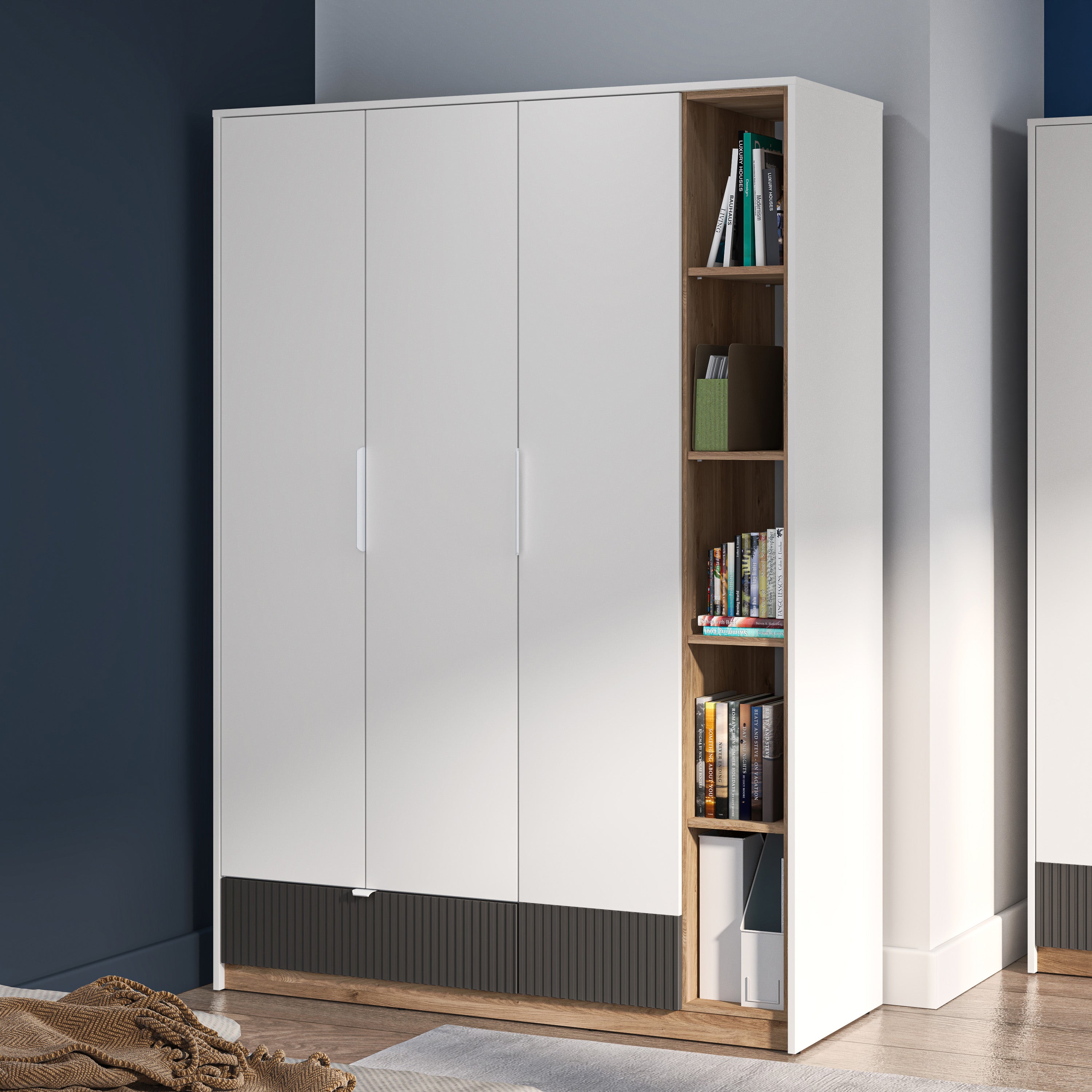 Jugendschrank Torino mit drei Türen, Schublade und gerillten Fächern, 138 cm, Honey Castello Eiche/Alpenweiß/Grafit