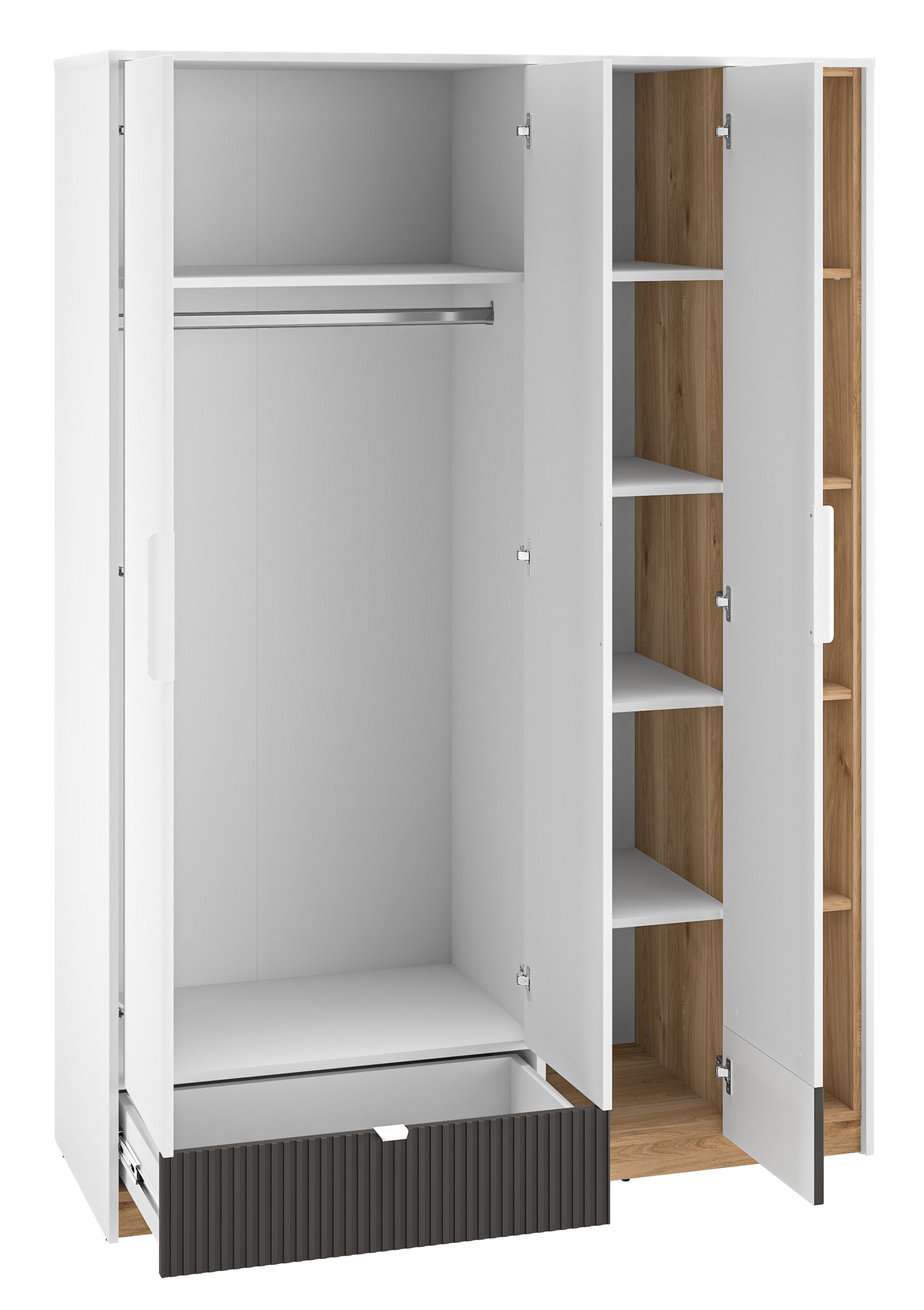 Jugendschrank Torino mit drei Türen, Schublade und gerillten Fächern, 138 cm, Honey Castello Eiche/Alpenweiß/Grafit