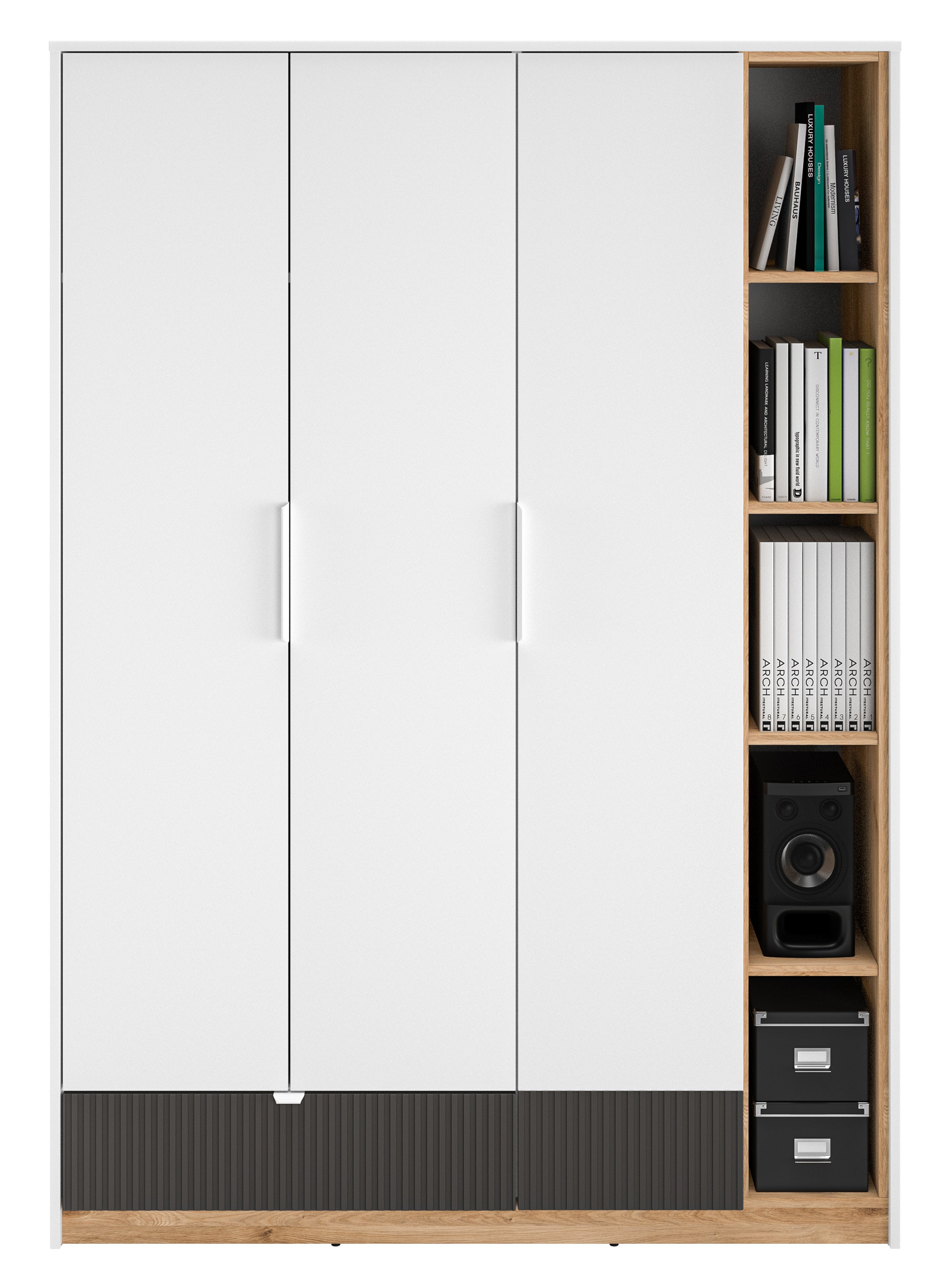 Jugendschrank Torino mit drei Türen, Schublade und gerillten Fächern, 138 cm, Honey Castello Eiche/Alpenweiß/Grafit