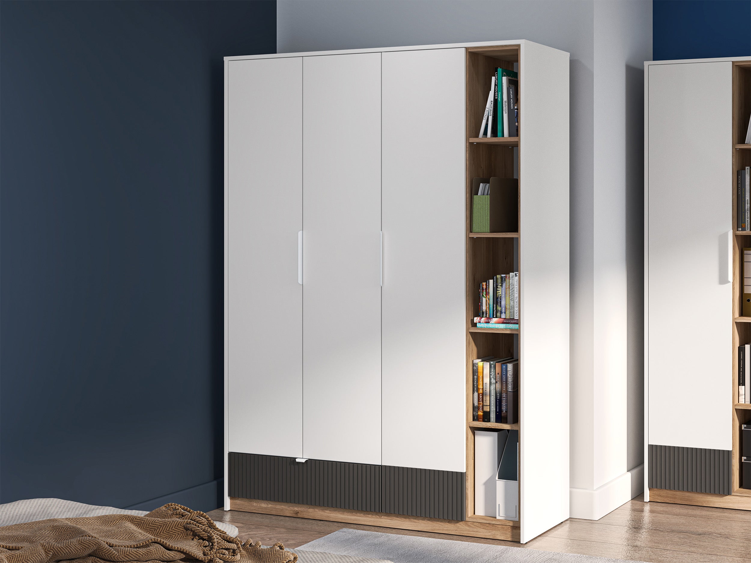 Jugendschrank Torino mit drei Türen, Schublade und gerillten Fächern, 138 cm, Honey Castello Eiche/Alpenweiß/Grafit