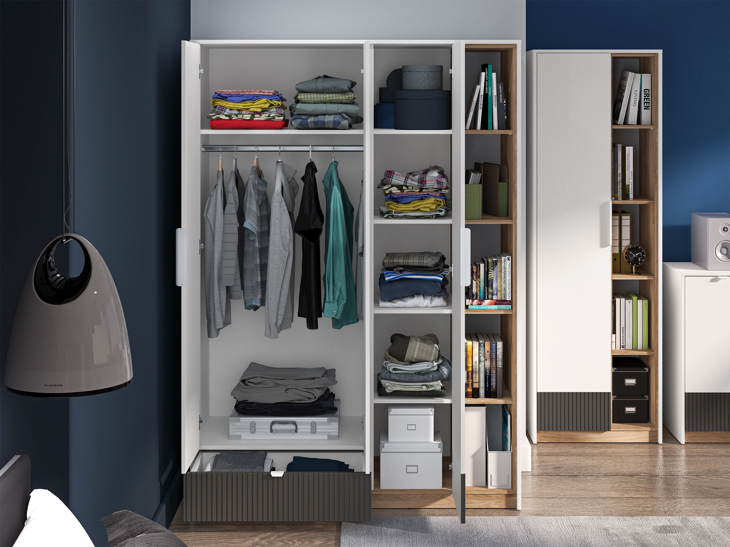 Jugendschrank Torino mit drei Türen, Schublade und gerillten Fächern, 138 cm, Honey Castello Eiche/Alpenweiß/Grafit