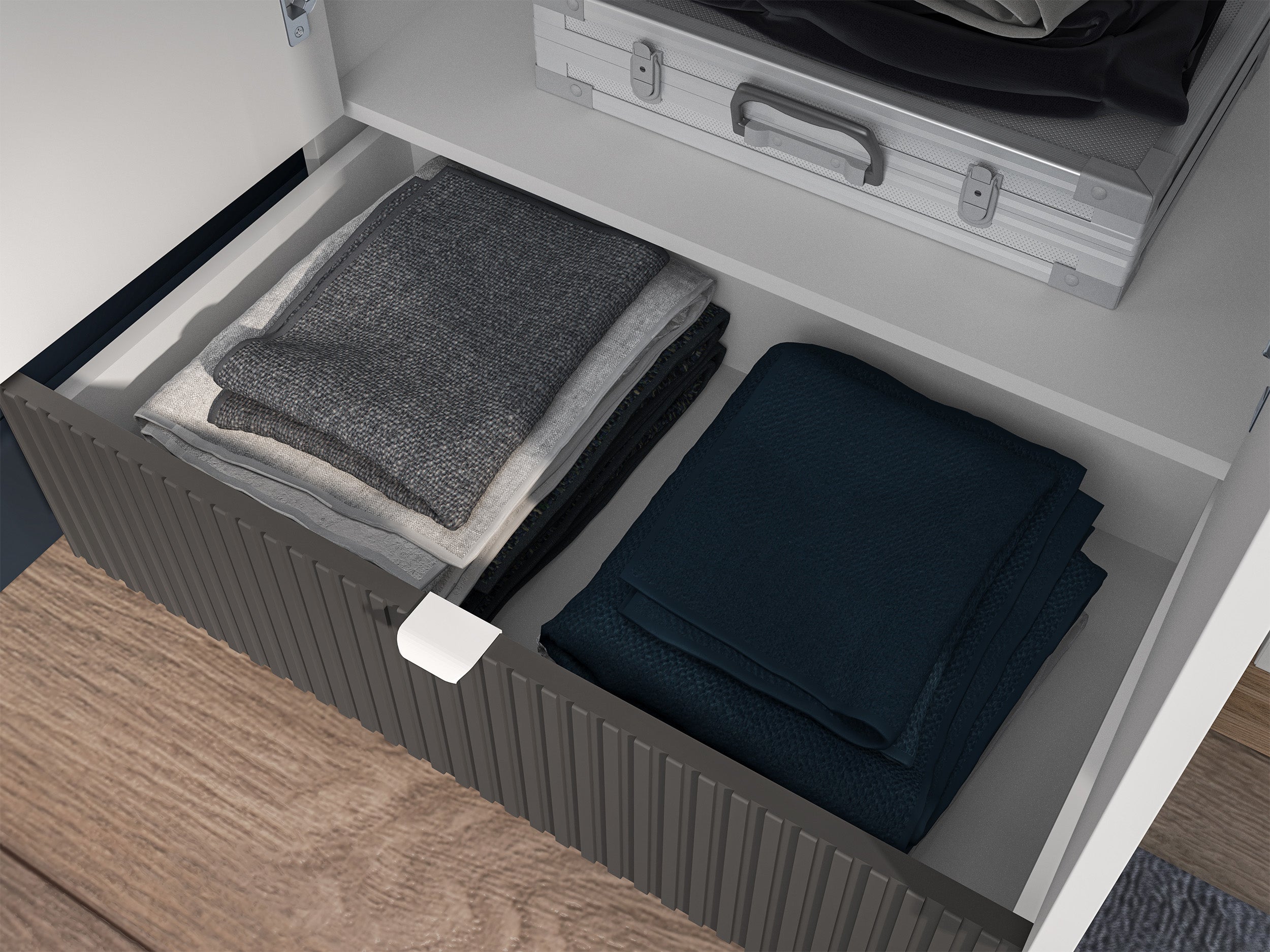 Jugendschrank Torino mit drei Türen, Schublade und gerillten Fächern, 138 cm, Honey Castello Eiche/Alpenweiß/Grafit