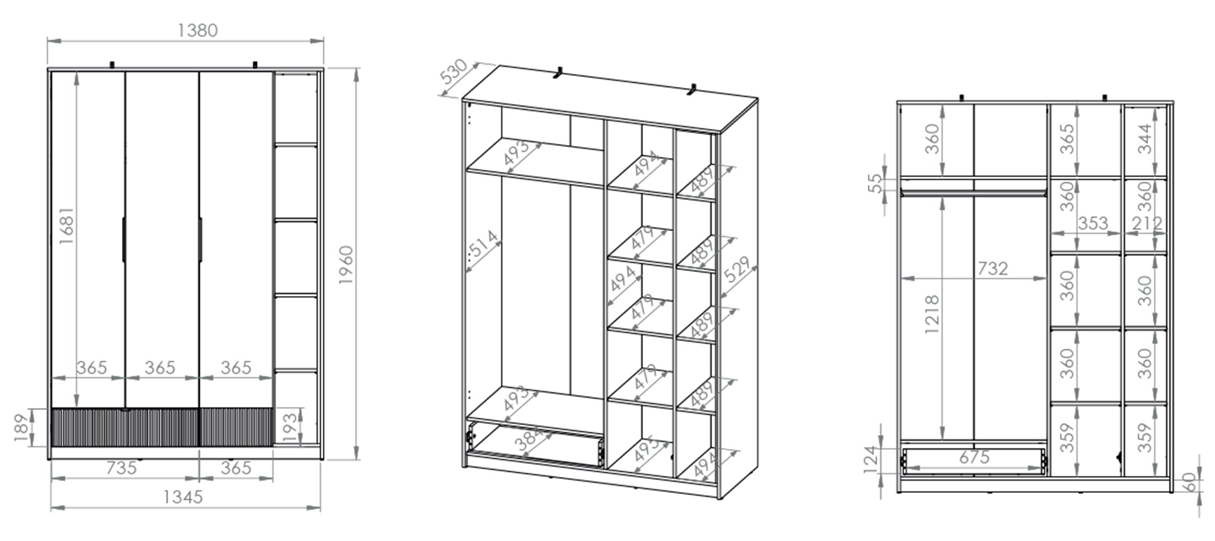 Jugendschrank Torino mit drei Türen, Schublade und gerillten Fächern, 138 cm, Honey Castello Eiche/Alpenweiß/Grafit