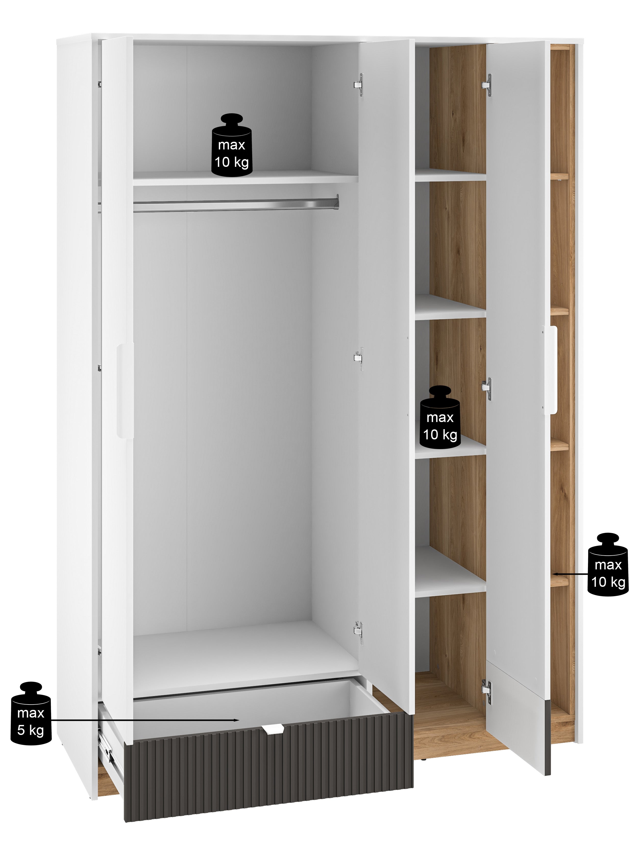 Jugendschrank Torino mit drei Türen, Schublade und gerillten Fächern, 138 cm, Honey Castello Eiche/Alpenweiß/Grafit