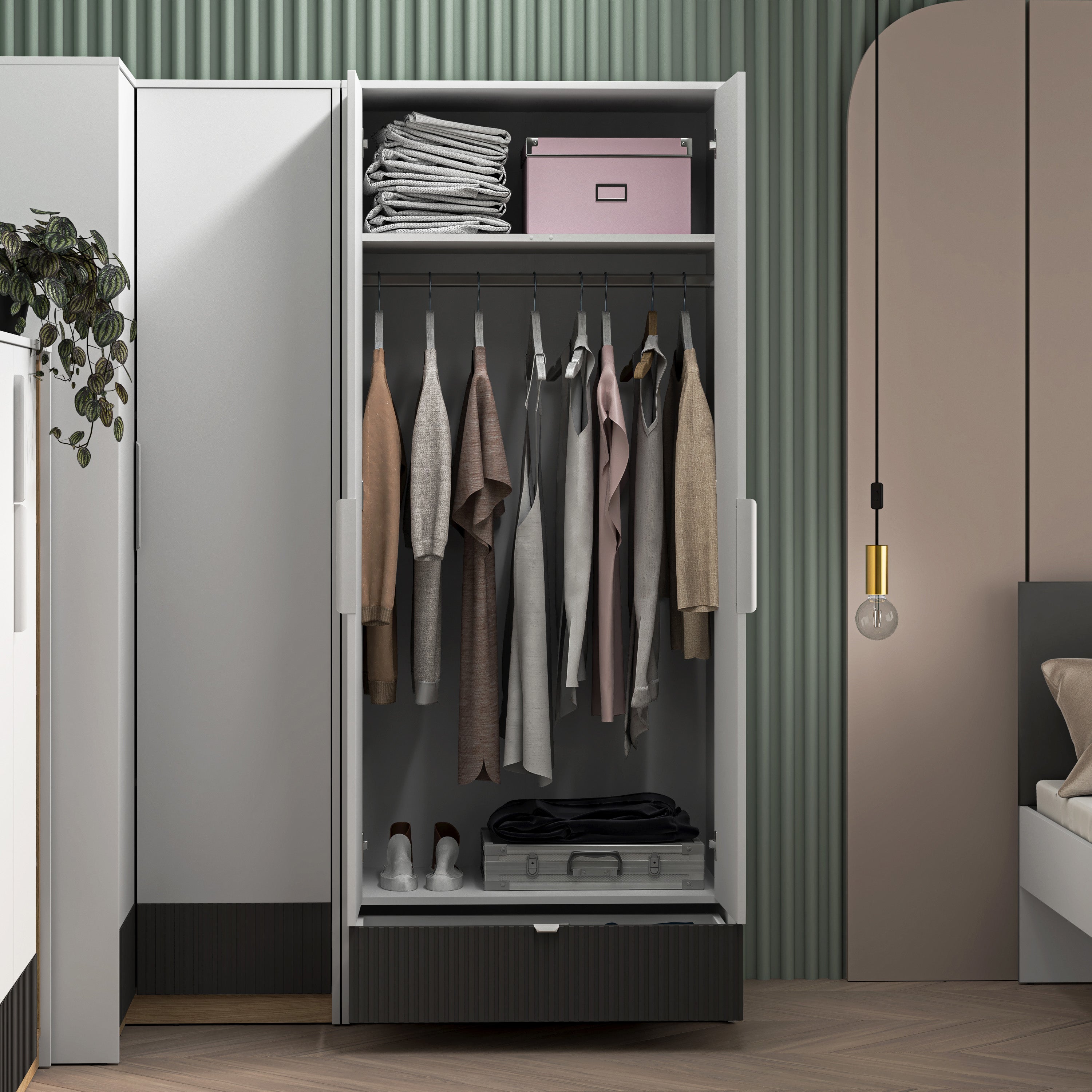 Jugendzweitüriger Kleiderschrank Torino mit geriffelter Schublade, 82 cm, Honey Castello Eiche/Alpenweiß/Grafit