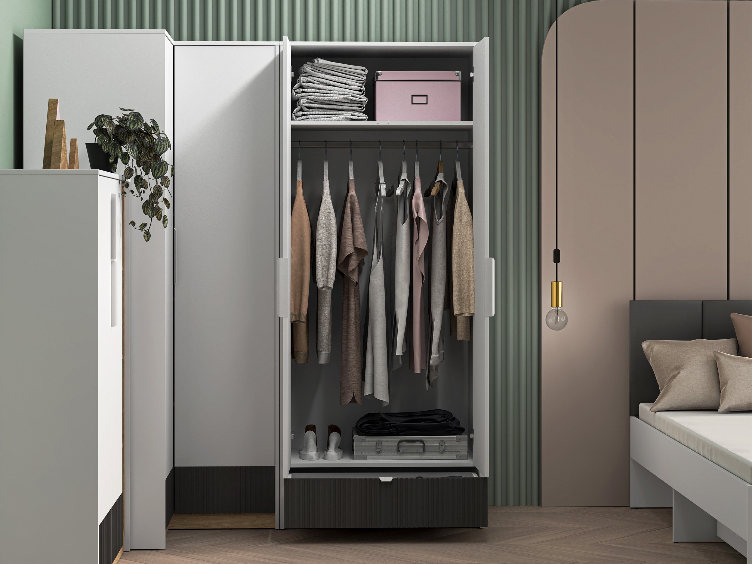 Jugendzweitüriger Kleiderschrank Torino mit geriffelter Schublade, 82 cm, Honey Castello Eiche/Alpenweiß/Grafit