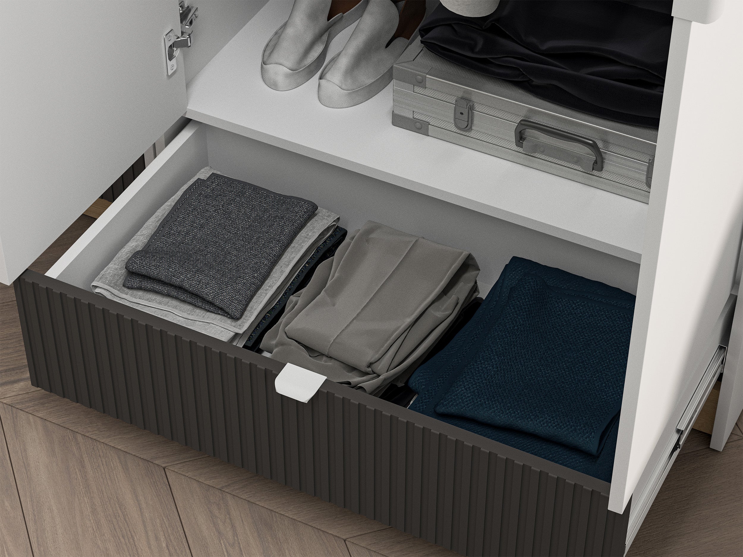Jugendzweitüriger Kleiderschrank Torino mit geriffelter Schublade, 82 cm, Honey Castello Eiche/Alpenweiß/Grafit