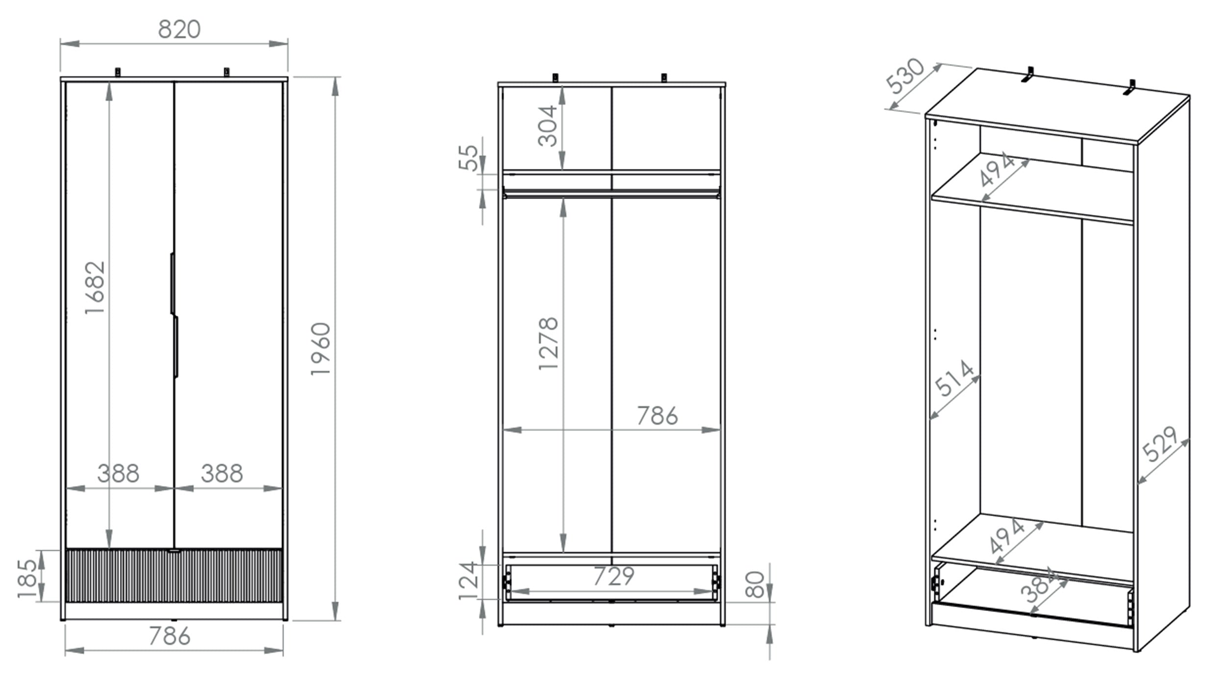 Jugendzweitüriger Kleiderschrank Torino mit geriffelter Schublade, 82 cm, Honey Castello Eiche/Alpenweiß/Grafit