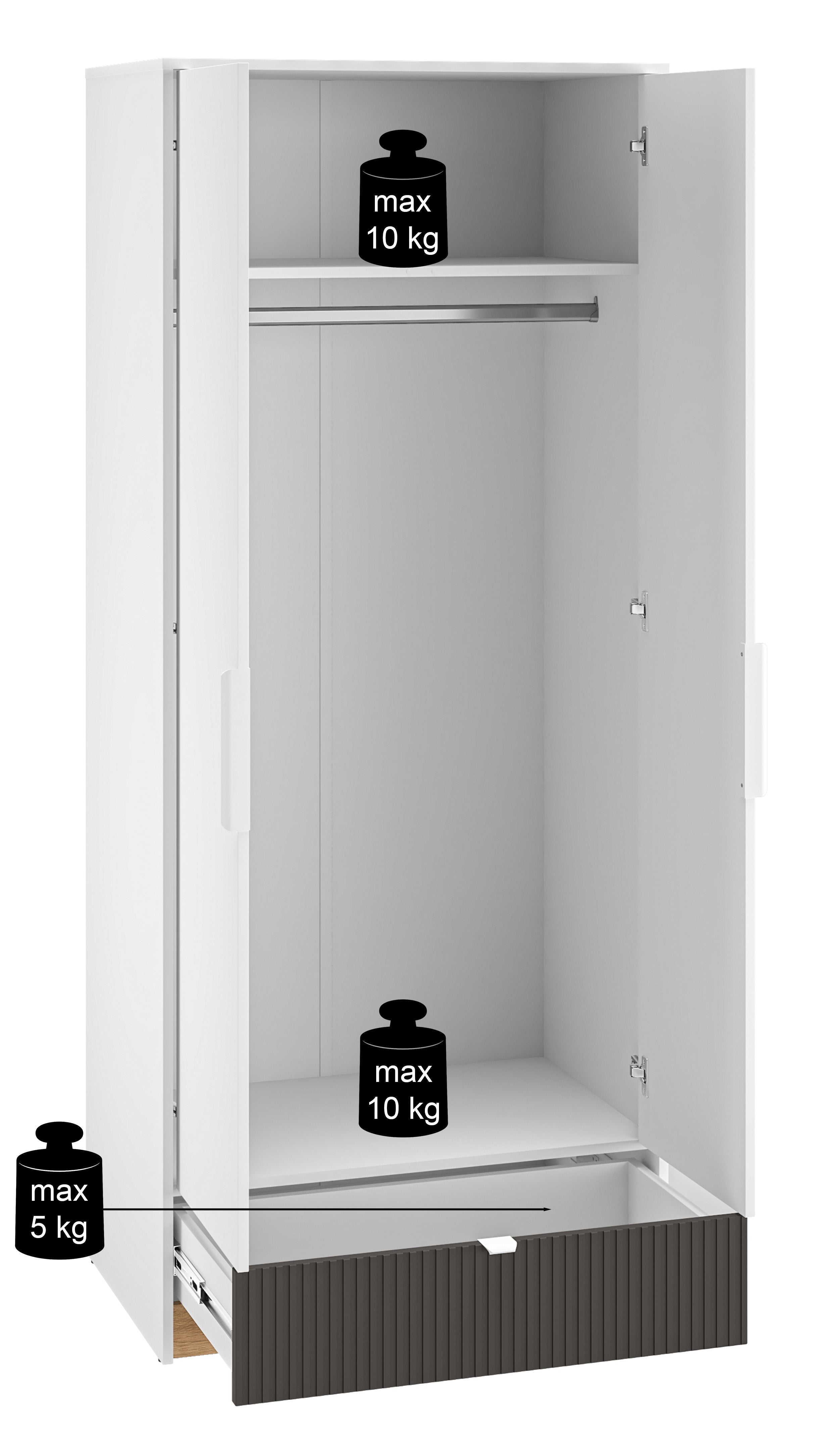 Jugendzweitüriger Kleiderschrank Torino mit geriffelter Schublade, 82 cm, Honey Castello Eiche/Alpenweiß/Grafit