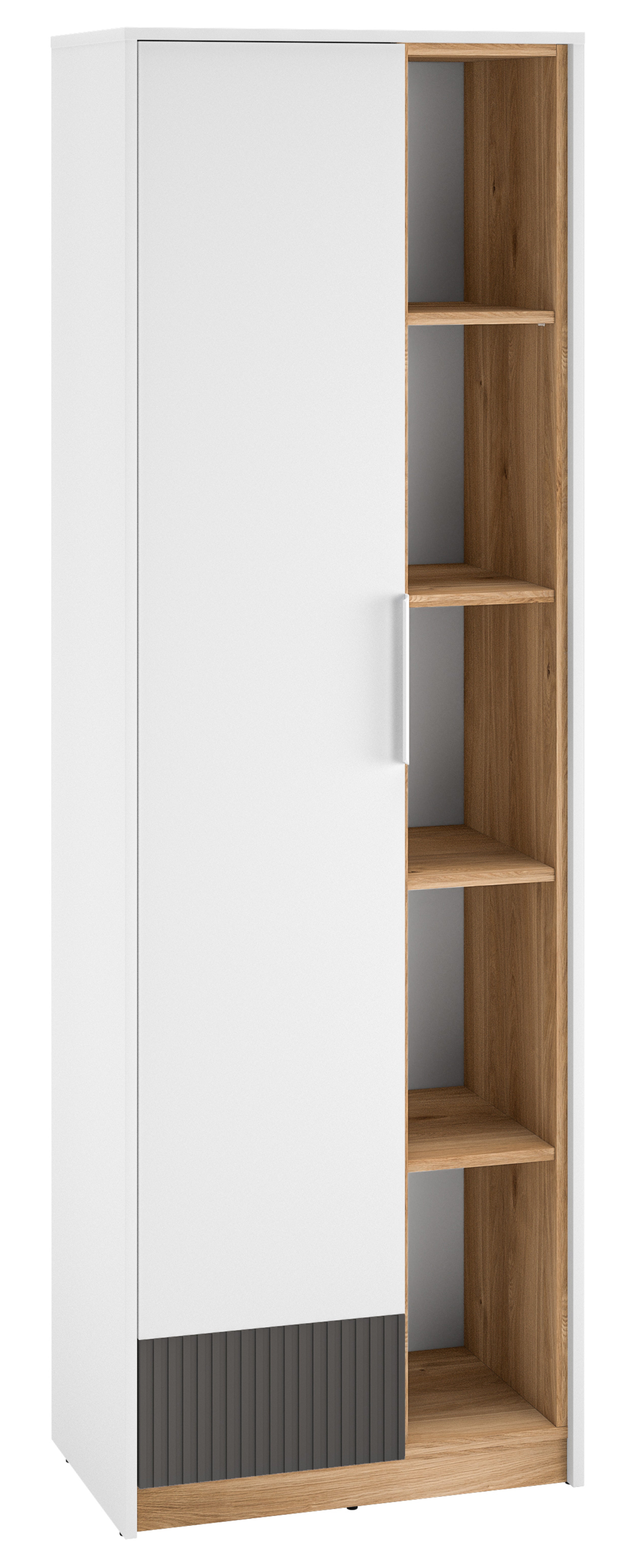 Jugendschrank Torino mit einer Tür, 64 cm breit, mit gerillten Nischen, Eiche Honey Castello/Alpenweiß/Grafit