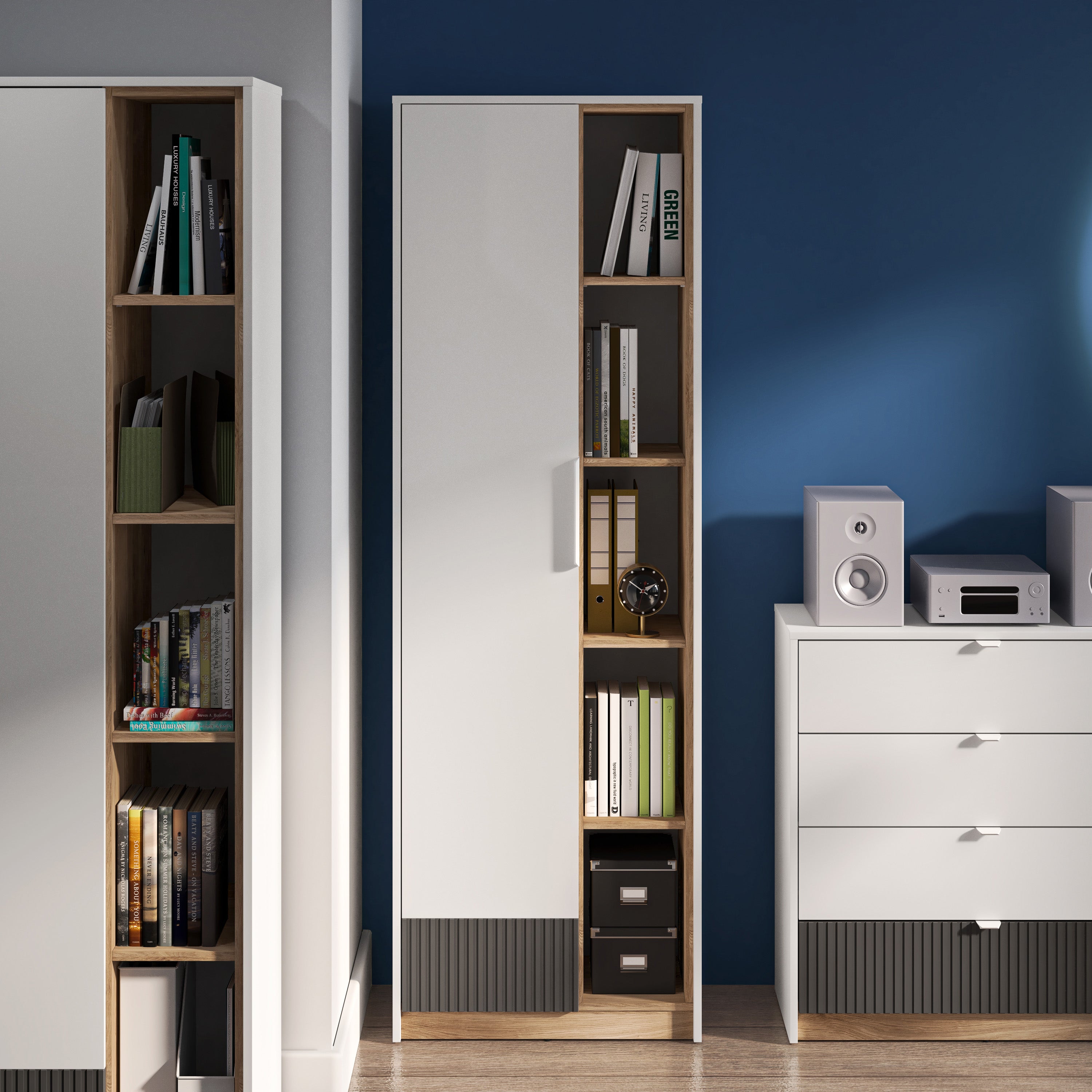 Jugendschrank Torino mit einer Tür, 64 cm breit, mit gerillten Nischen, Eiche Honey Castello/Alpenweiß/Grafit
