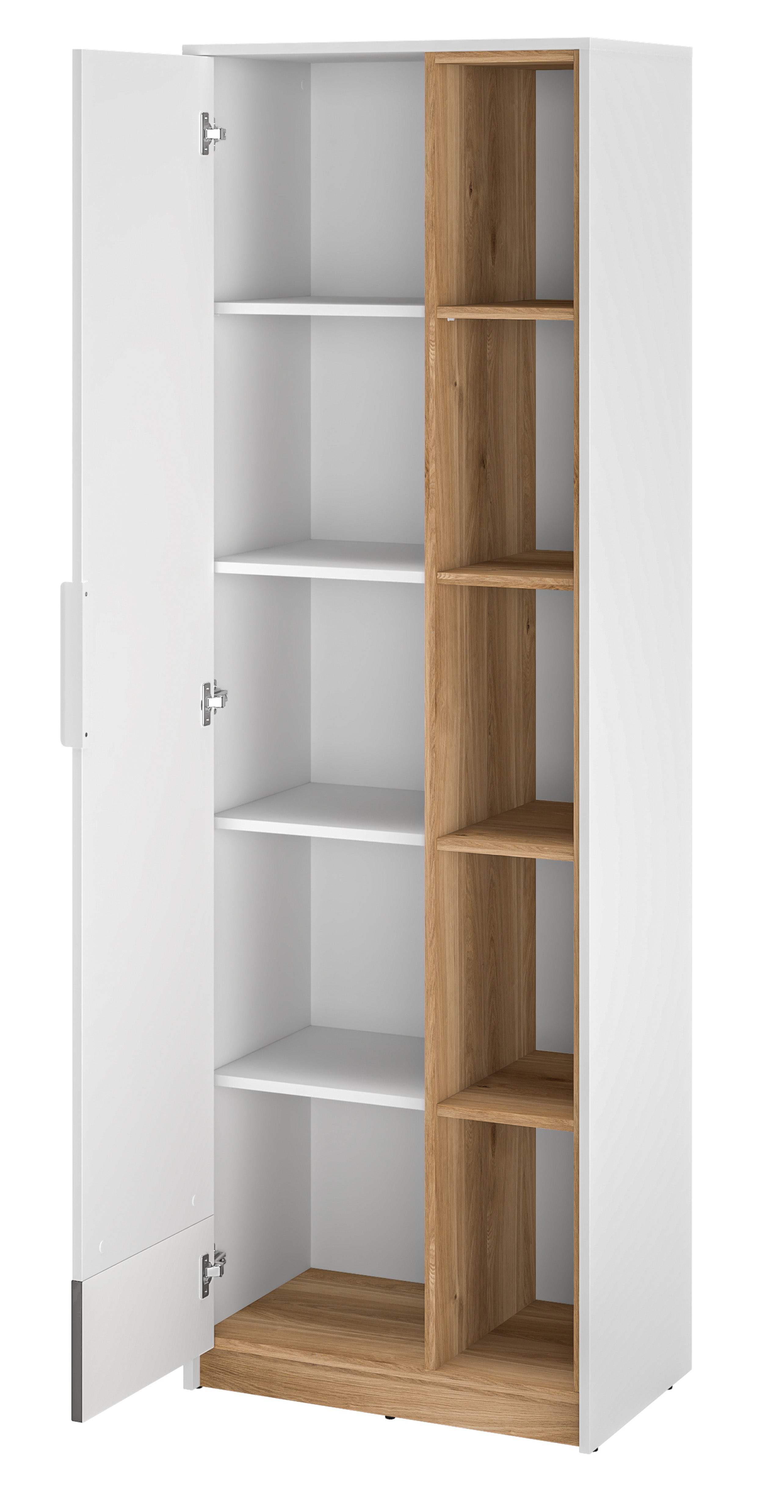Jugendschrank Torino mit einer Tür, 64 cm breit, mit gerillten Nischen, Eiche Honey Castello/Alpenweiß/Grafit