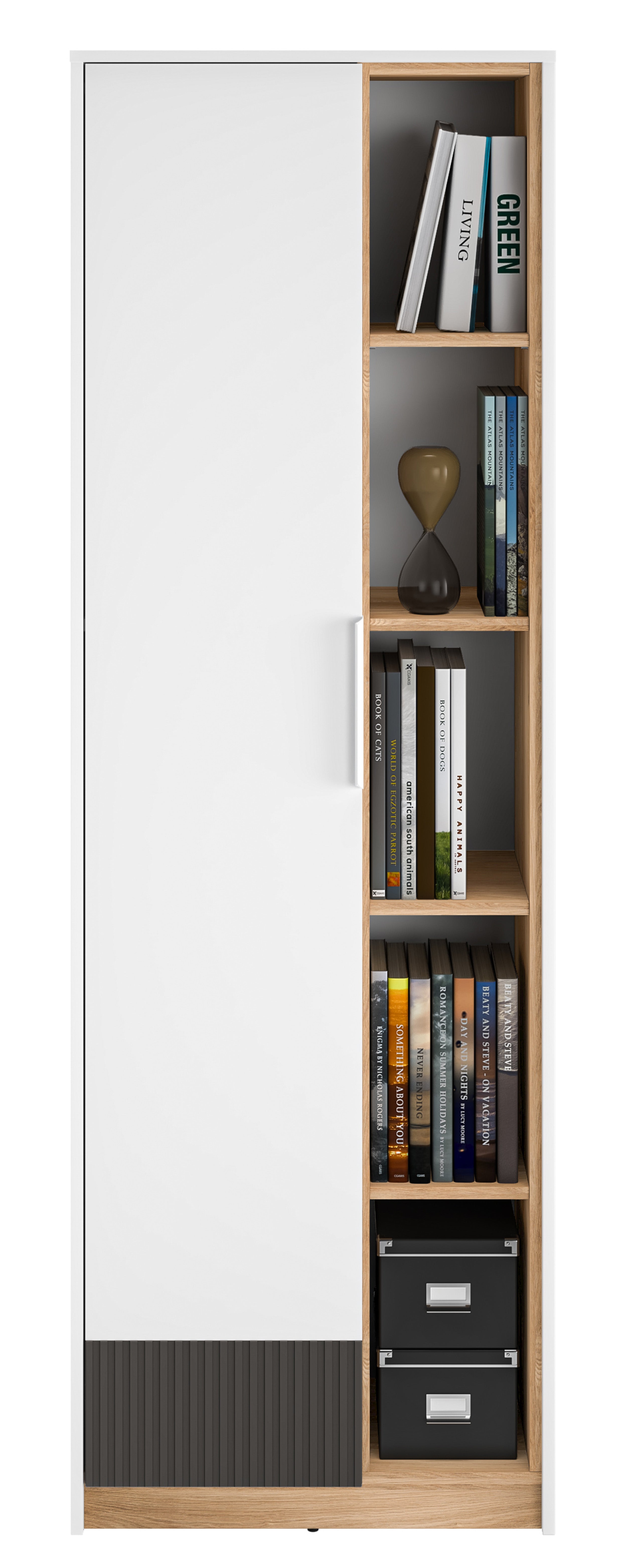 Jugendschrank Torino mit einer Tür, 64 cm breit, mit gerillten Nischen, Eiche Honey Castello/Alpenweiß/Grafit