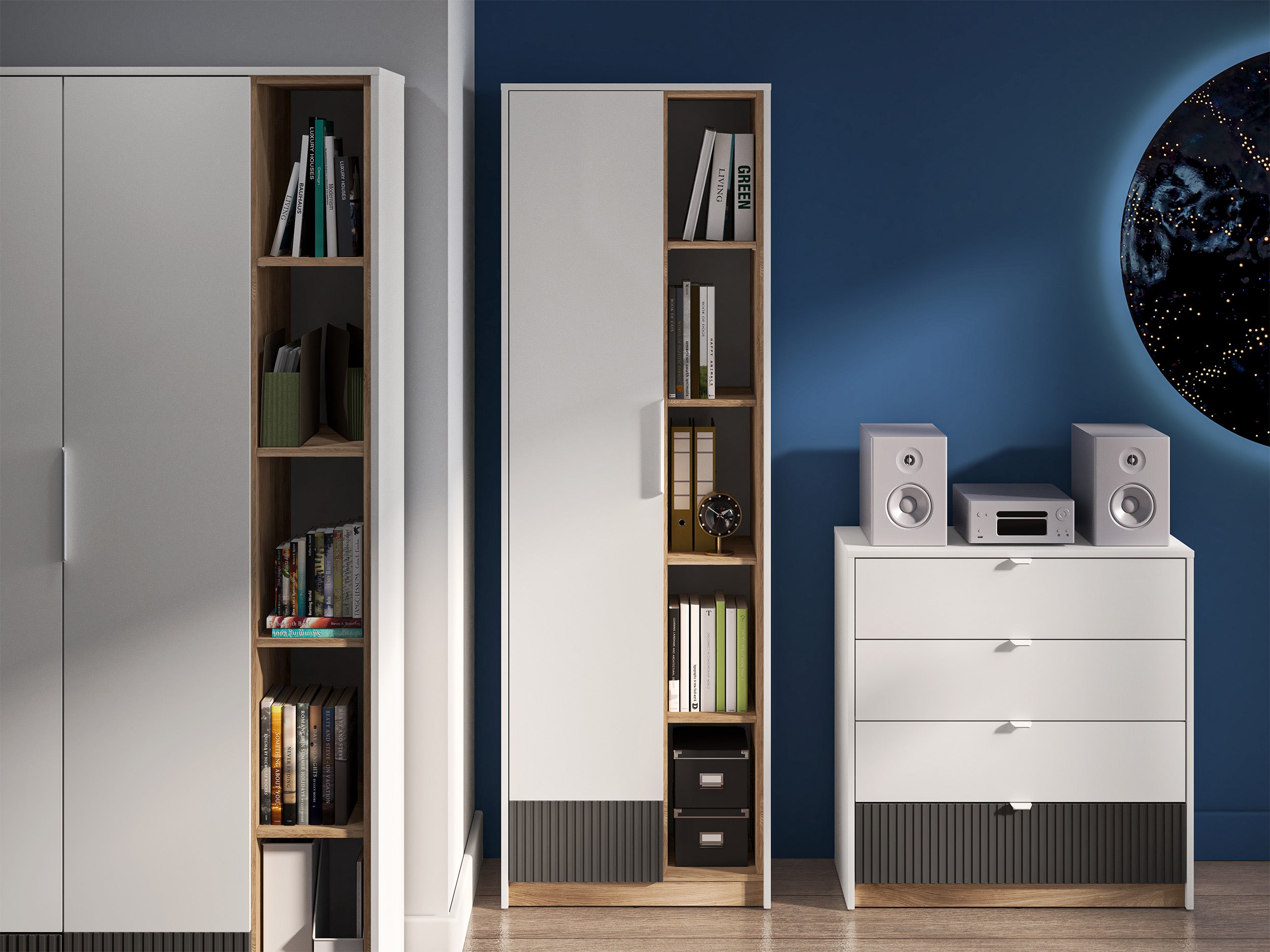 Jugendschrank Torino mit einer Tür, 64 cm breit, mit gerillten Nischen, Eiche Honey Castello/Alpenweiß/Grafit
