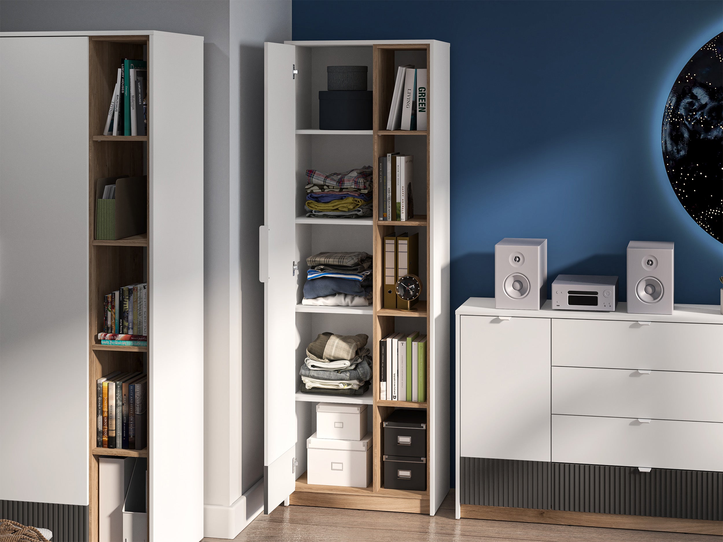 Jugendschrank Torino mit einer Tür, 64 cm breit, mit gerillten Nischen, Eiche Honey Castello/Alpenweiß/Grafit