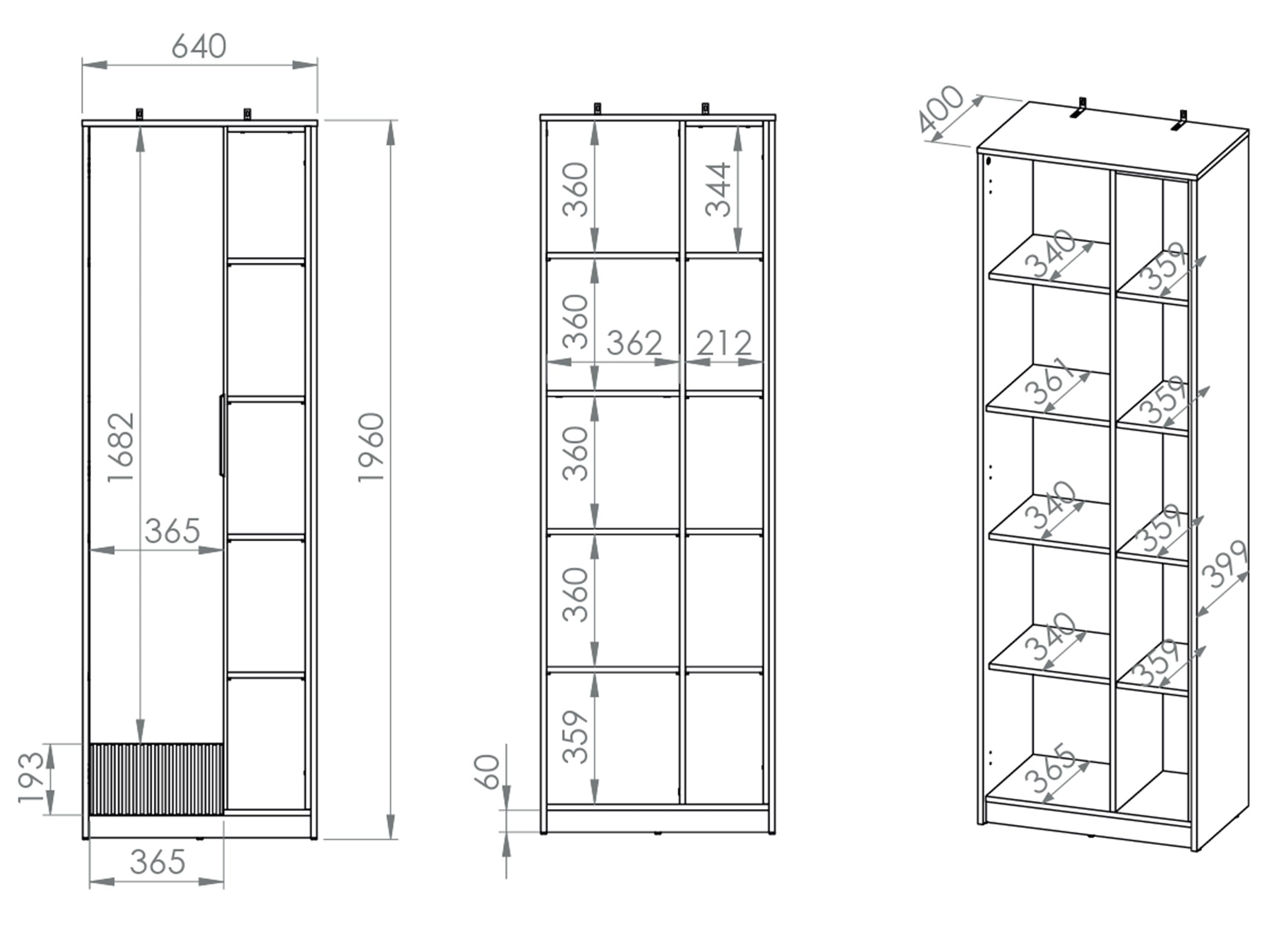 Jugendschrank Torino mit einer Tür, 64 cm breit, mit gerillten Nischen, Eiche Honey Castello/Alpenweiß/Grafit