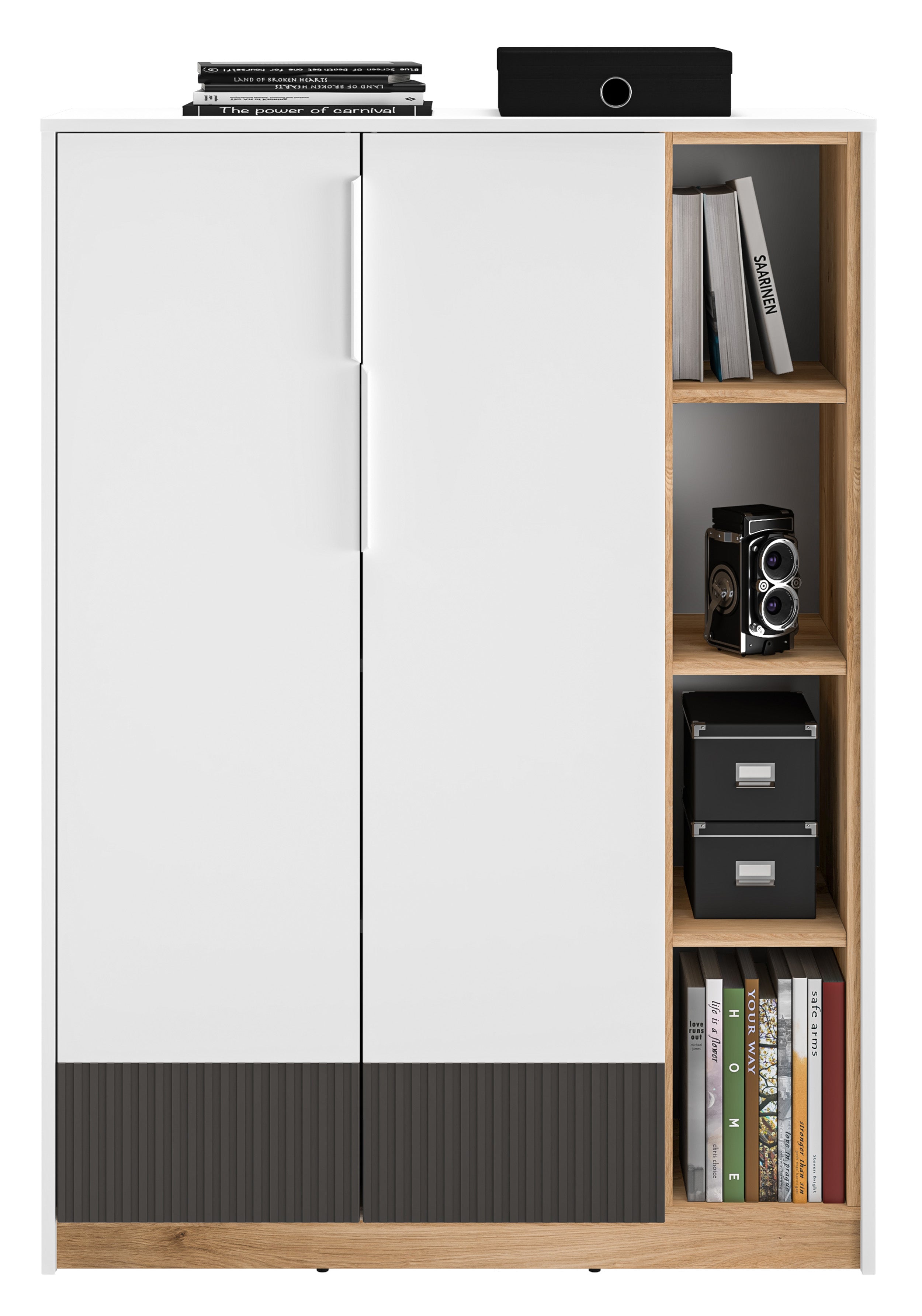 Zweiturige Kommode Torino mit gerillten Nischen, 101 cm, Eiche Honey Castello/Alpenweiß/Grafit