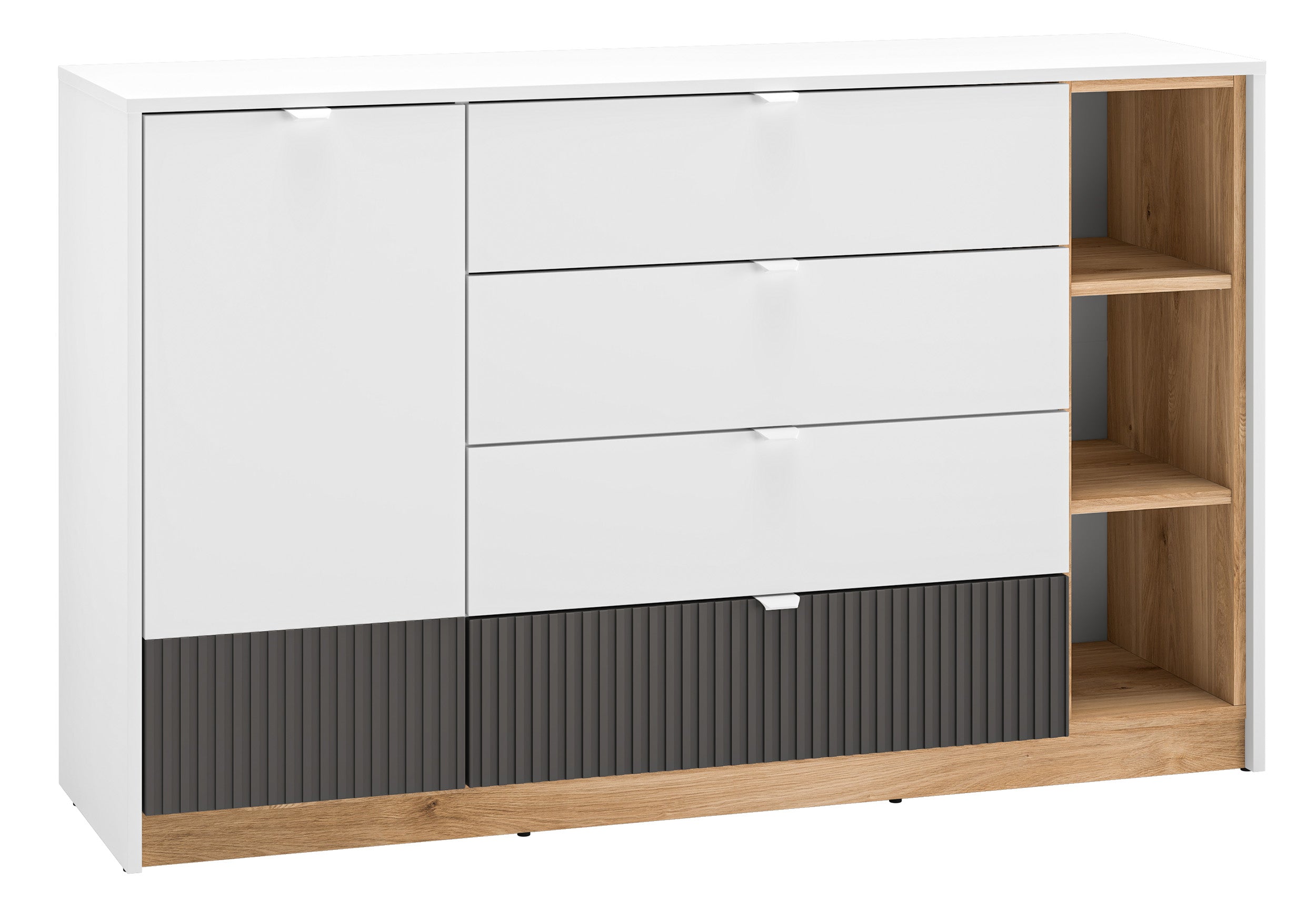 Einzeltür-Kommode Torino mit vier Schubladen und gerillten Fächern, 138 cm, Eiche Honey Castello/Alpenweiß/Grafit