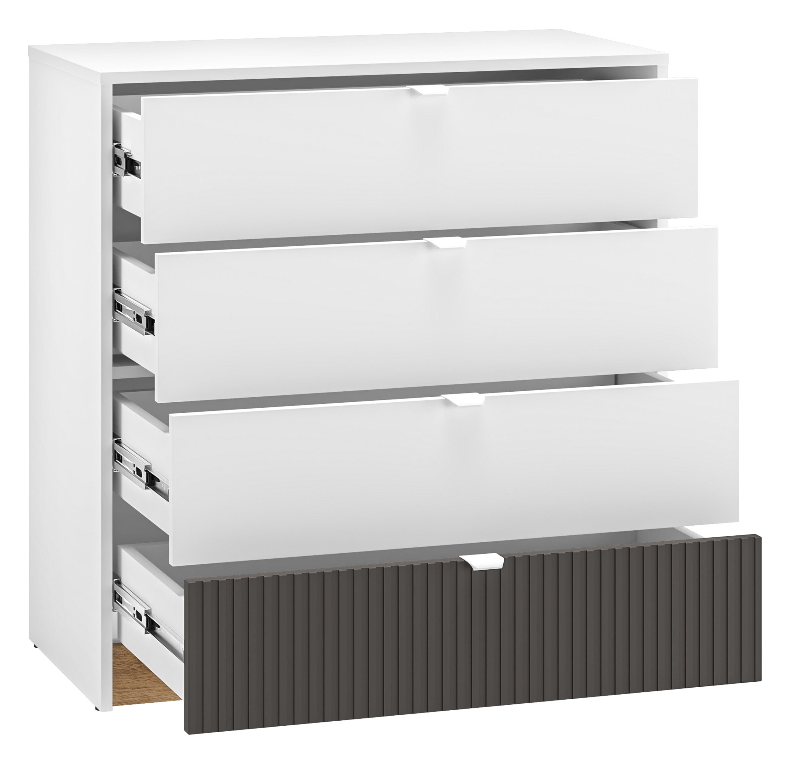 Kommode Torino mit vier geriffelten Schubladen, 82 cm, Eiche Honey Castello/Alpenweiß/Grafit