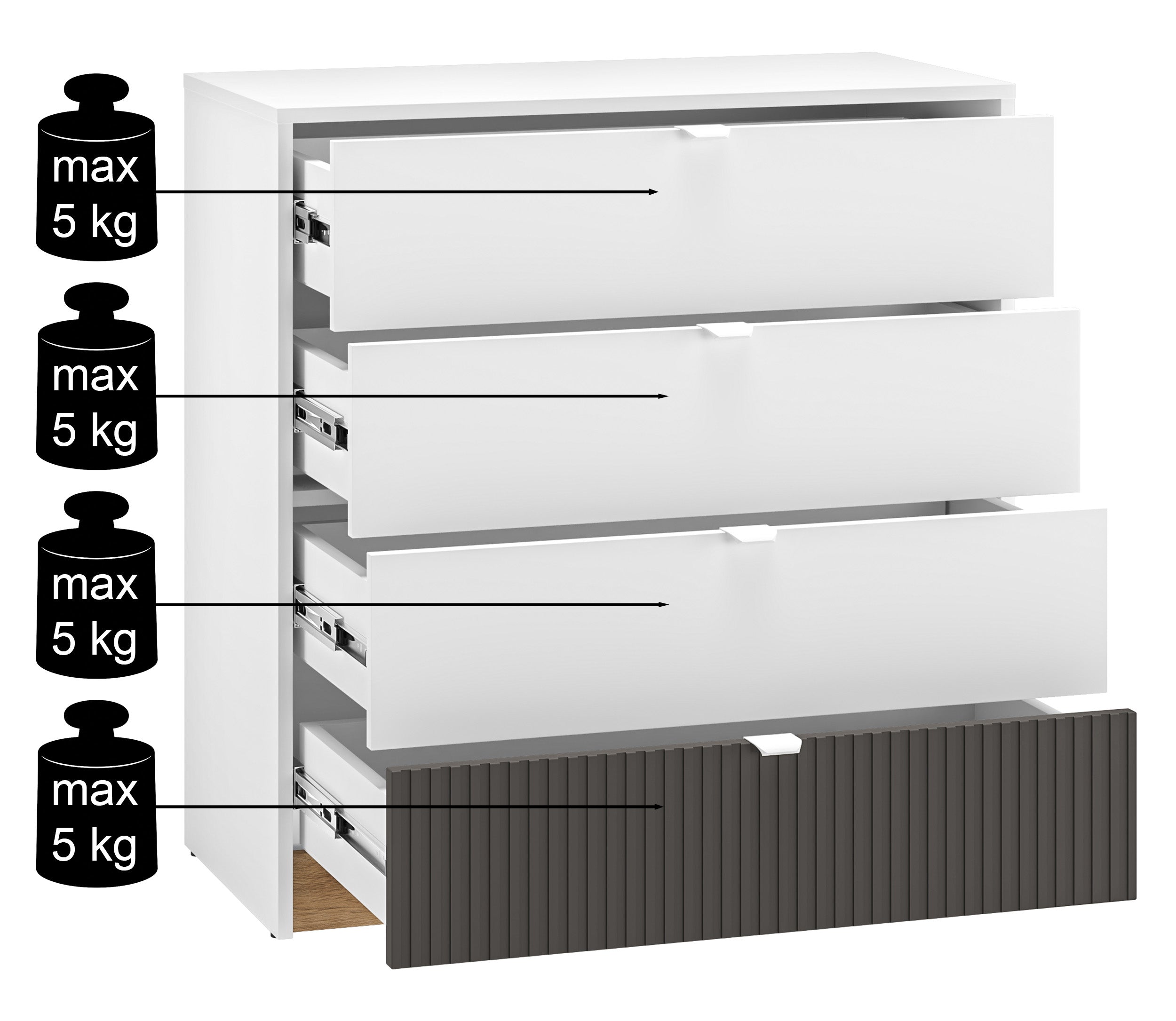 Kommode Torino mit vier geriffelten Schubladen, 82 cm, Eiche Honey Castello/Alpenweiß/Grafit