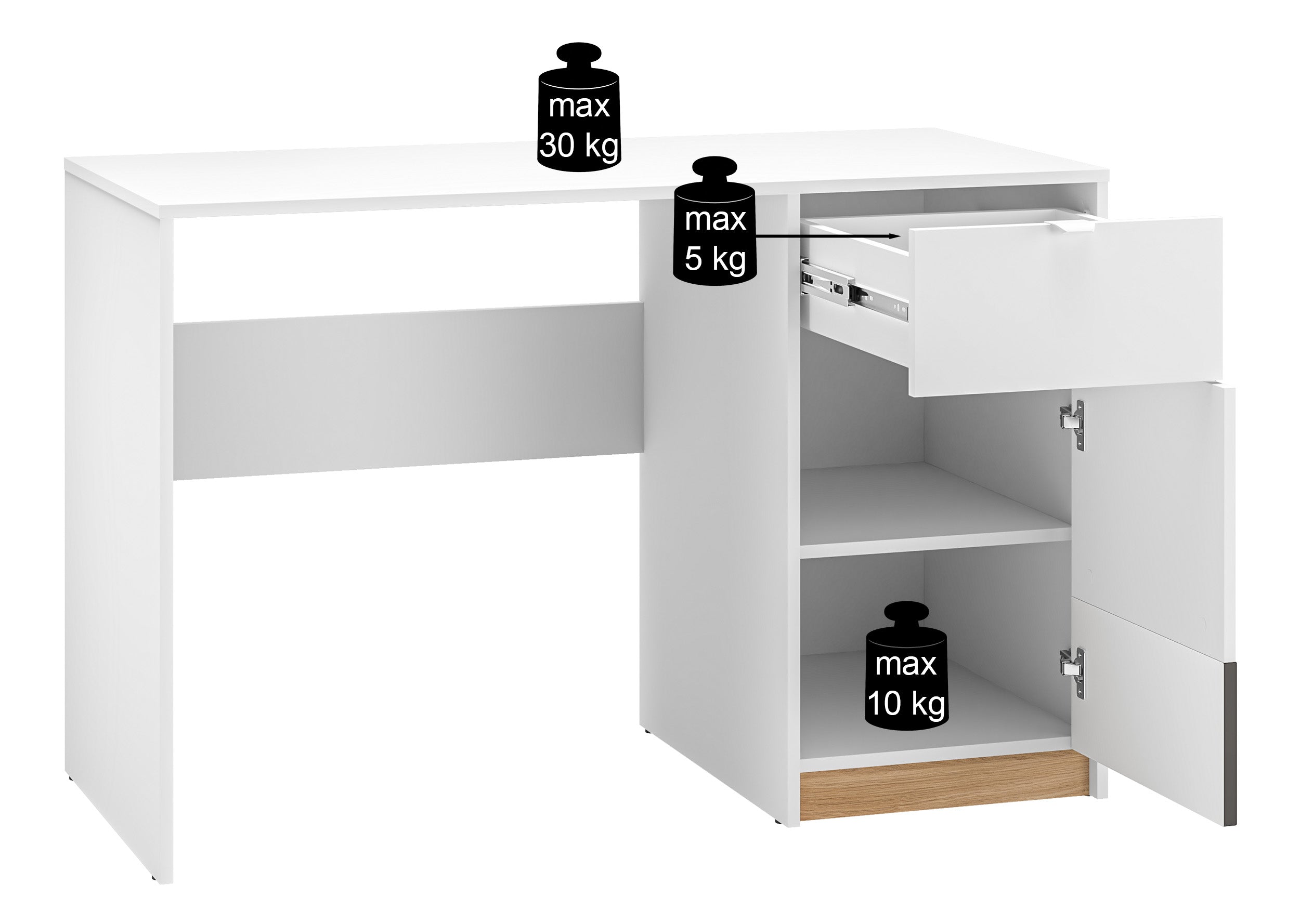 Jugendschreibtisch Torino mit einer Tür und geriffelter Schublade, 120 cm, Honey Castello Eiche/Alpenweiß/Grafit
