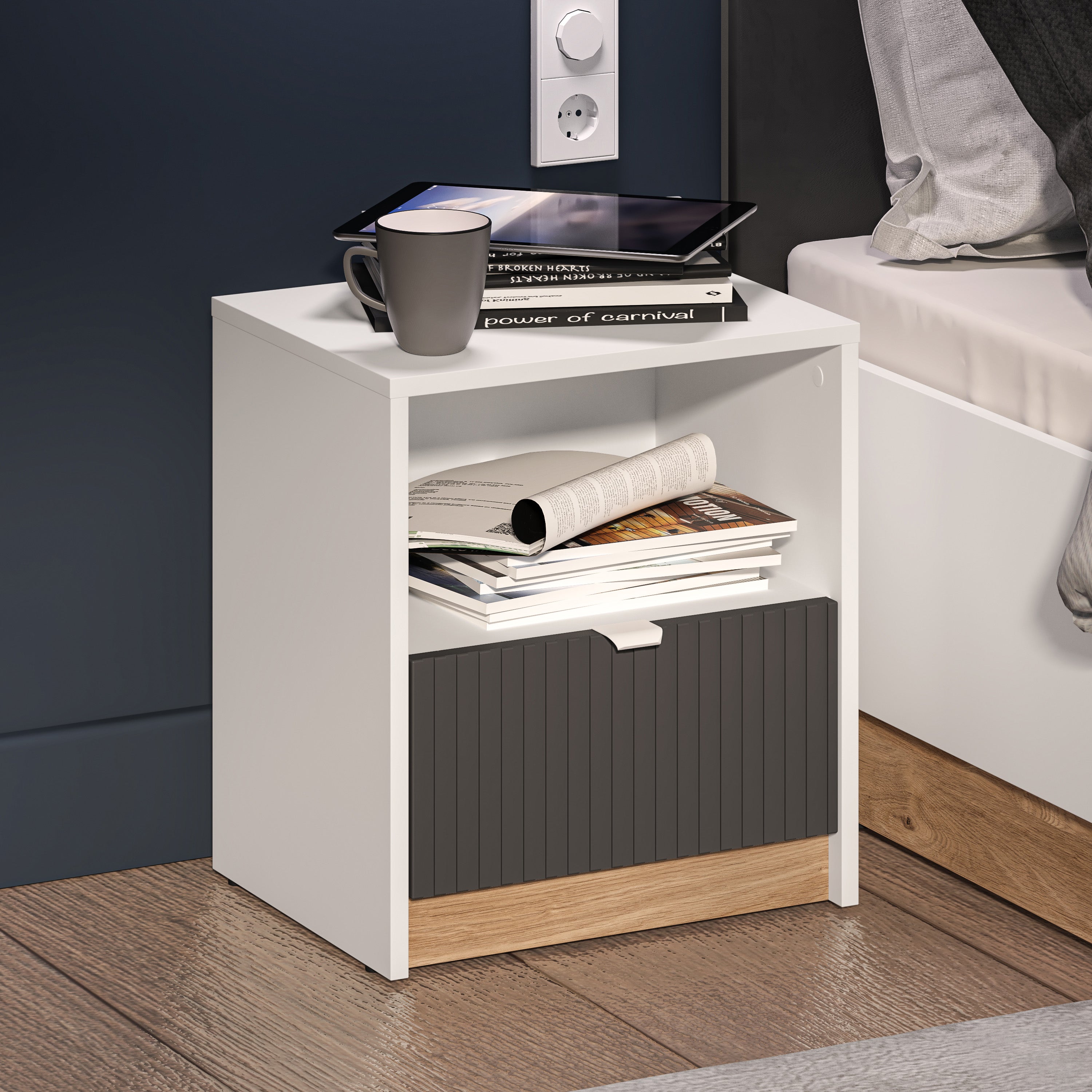 Nachttisch Torino mit Schublade und Rillenablage, 43 cm, Eiche Honey Castello/Alpenweiß/Grafit