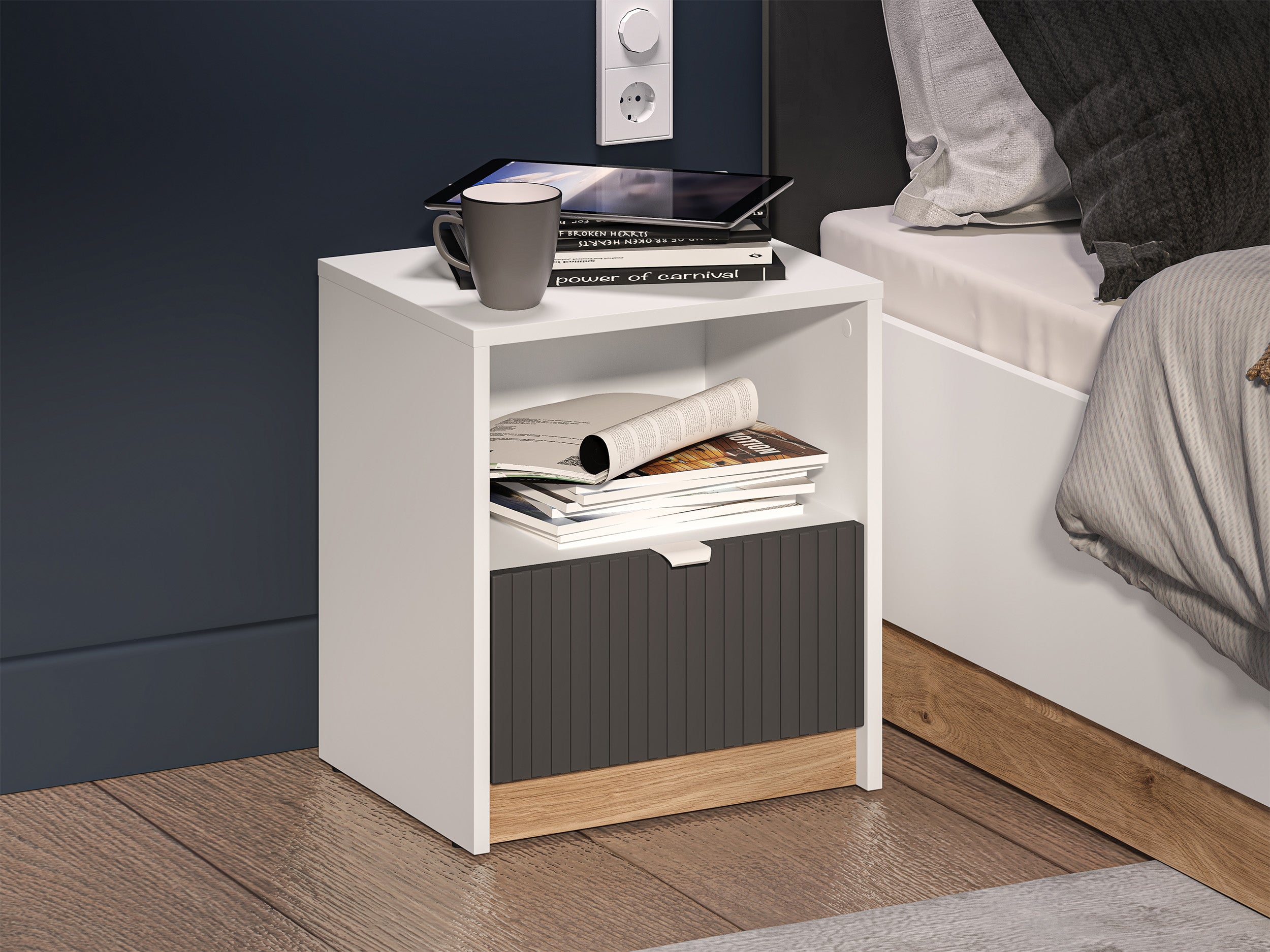Nachttisch Torino mit Schublade und Rillenablage, 43 cm, Eiche Honey Castello/Alpenweiß/Grafit