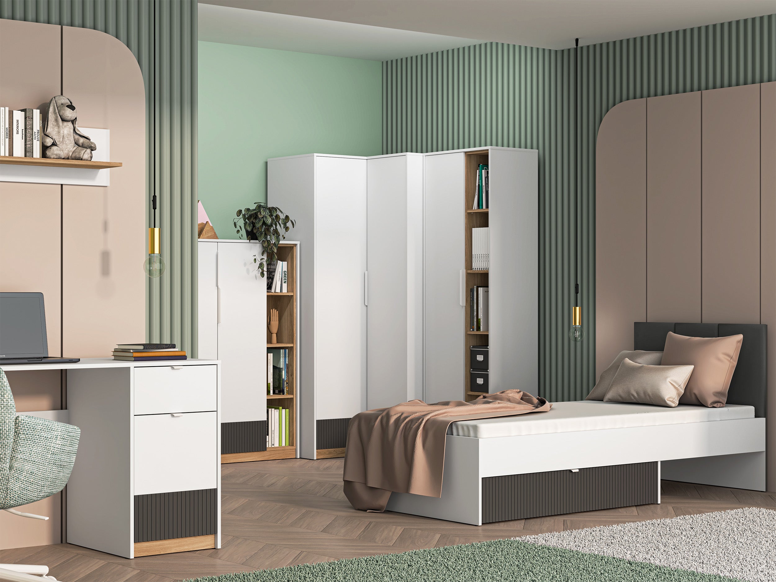 Jugendschreibtisch Torino mit einer Tür und geriffelter Schublade, 120 cm, Honey Castello Eiche/Alpenweiß/Grafit