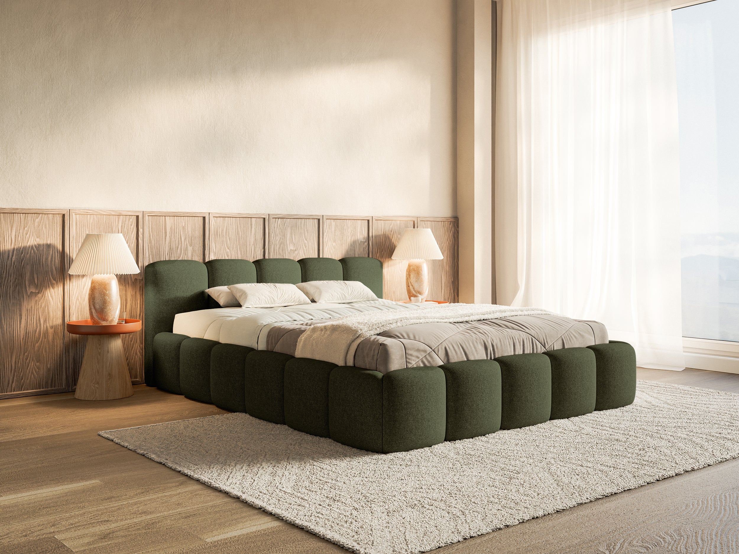 Polsterbett 200x200 cm Cloudy Low olivgrüner hydrophober Chenille-Stoff mit Holzrahmen