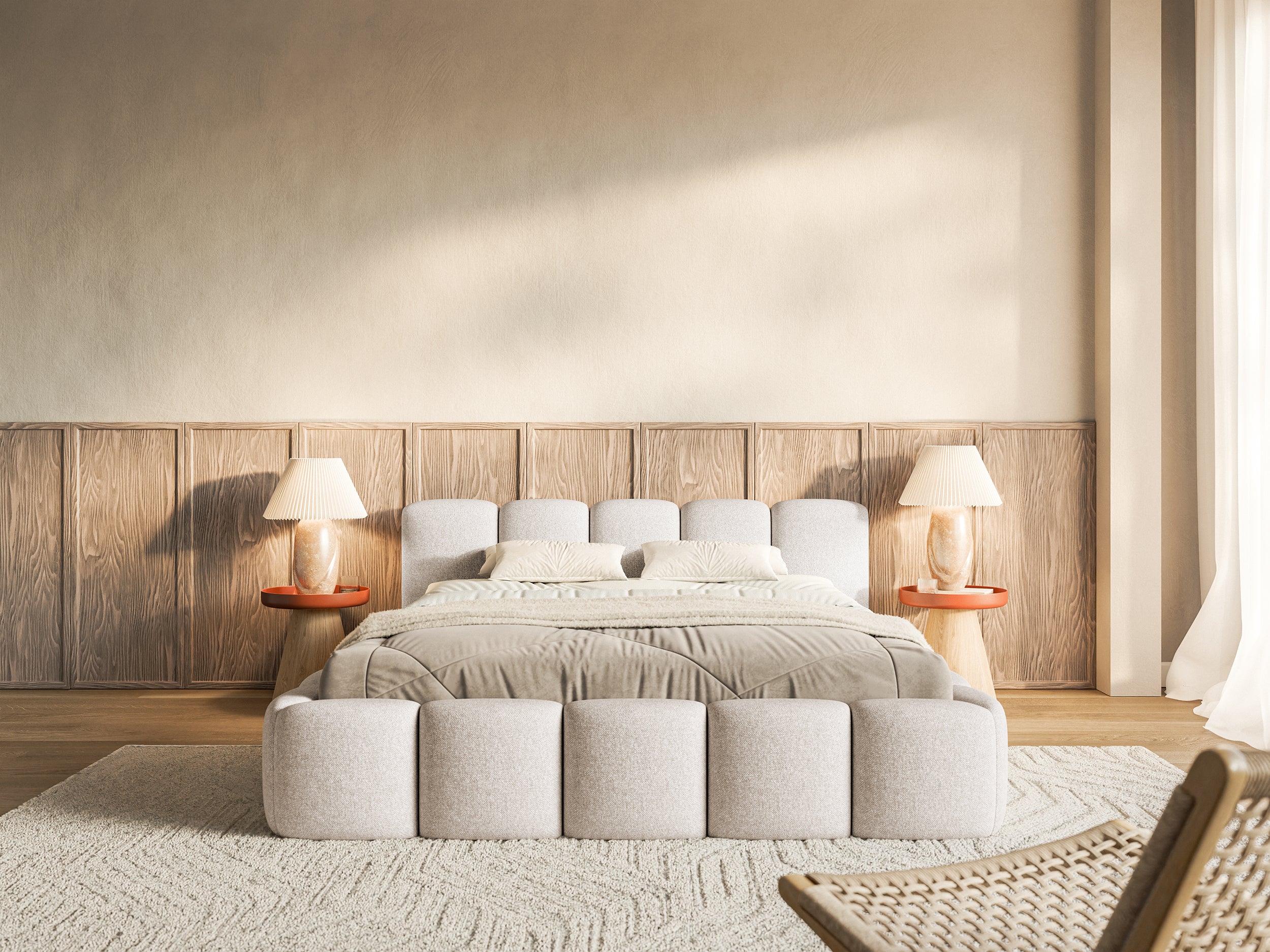 Polsterbett 160x200 cm Cloudy Low hellbeige Chenille hydrophobes Gewebe Holzlattenrost